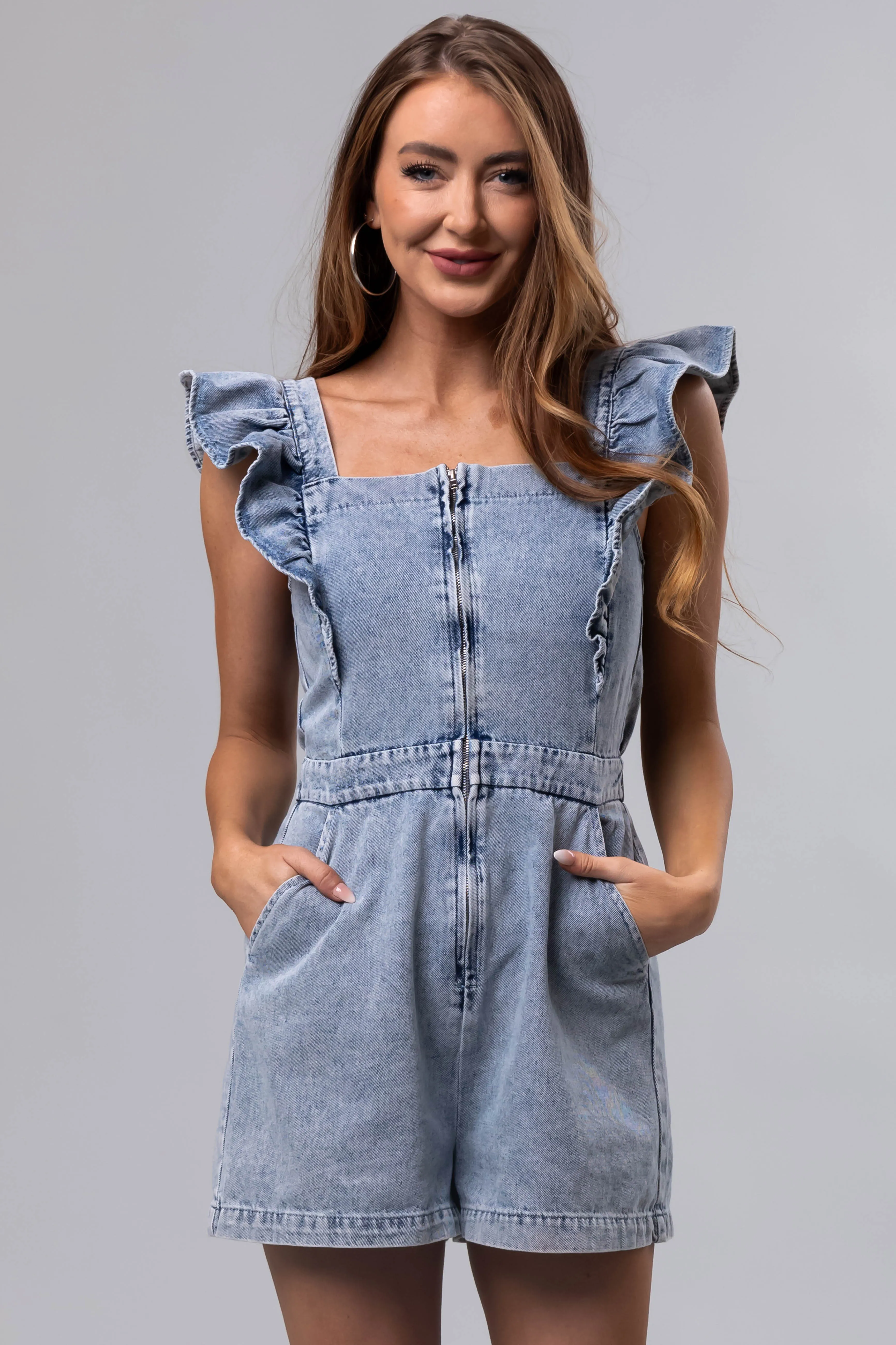Medium Wash Denim Ruffle Romper sold by Lime Lush
