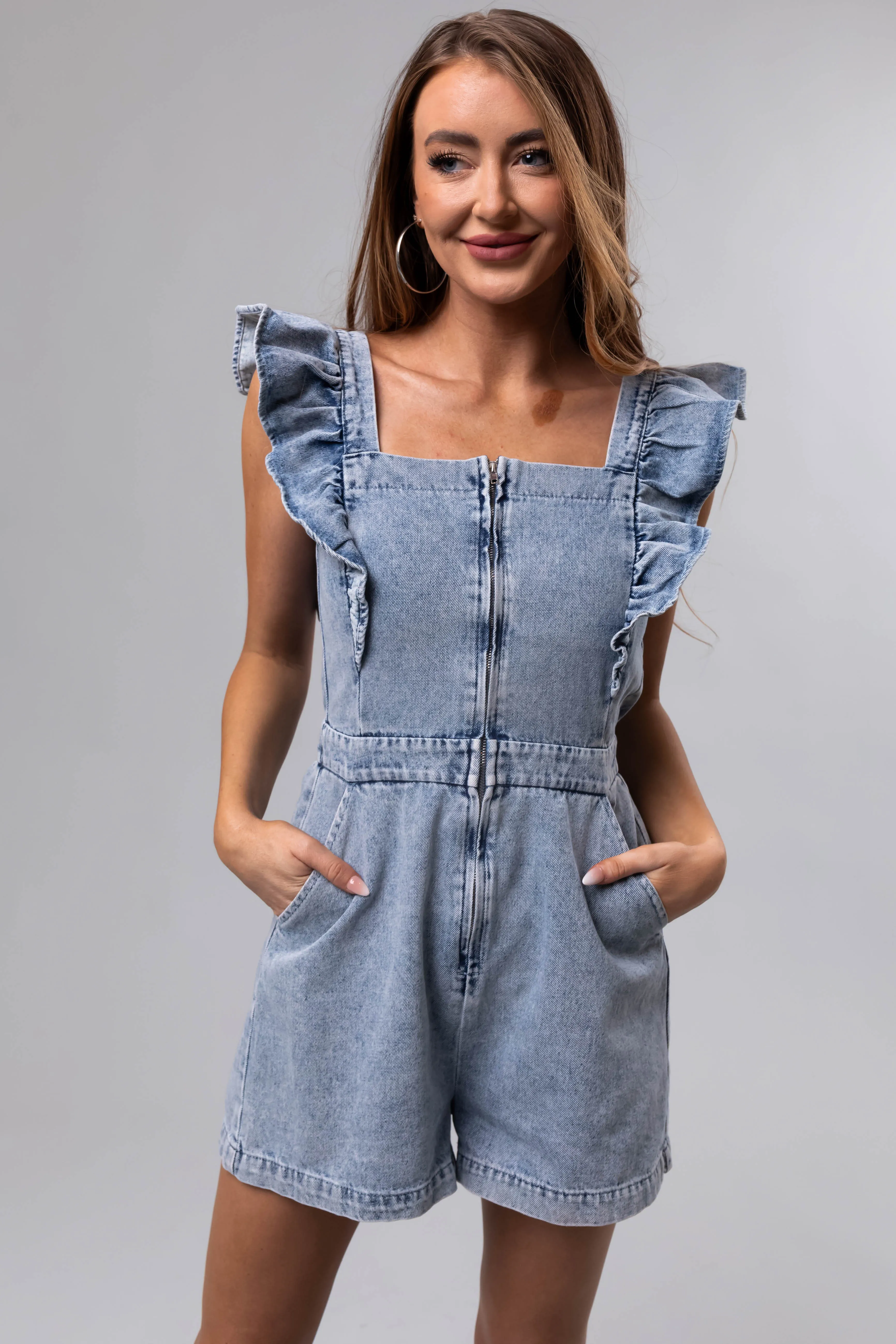 Medium Wash Denim Ruffle Romper sold by Lime Lush product image thumbnail 2