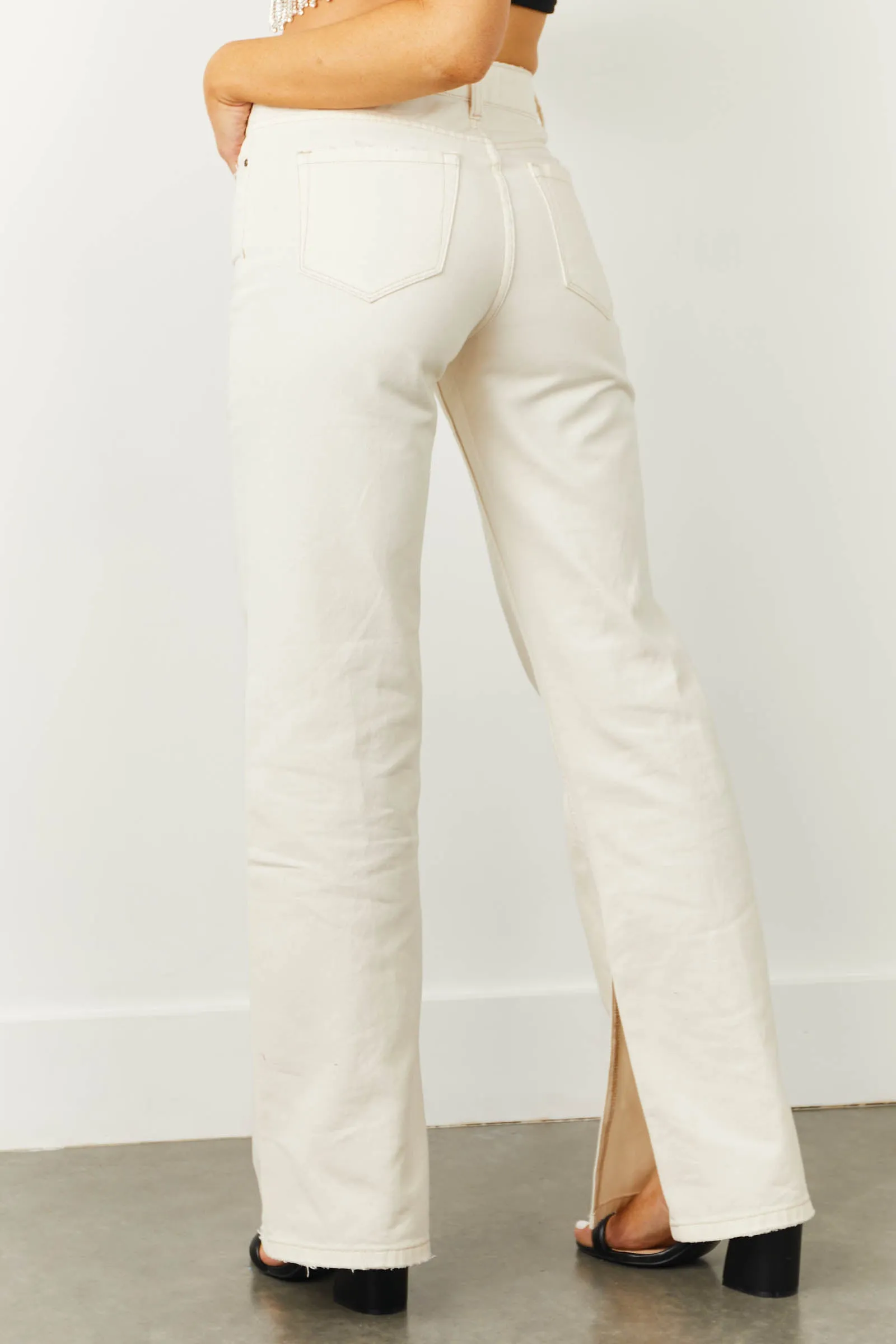 Mica Denim Cream High Rise 90s Flare Jeans with Side Slits sold by Lime Lush product image thumbnail 4
