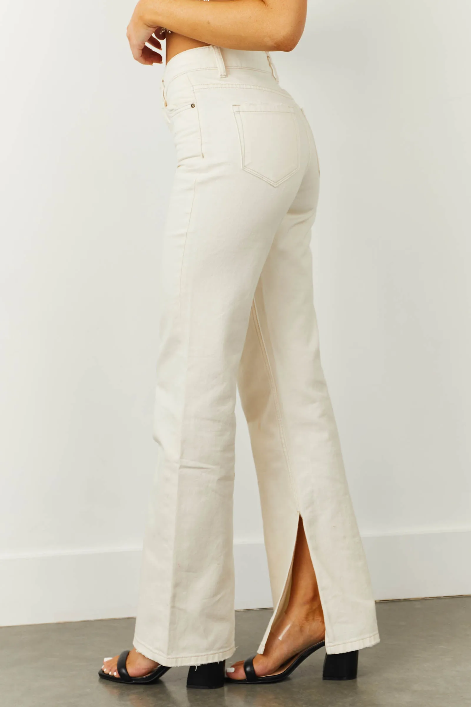 Mica Denim Cream High Rise 90s Flare Jeans with Side Slits sold by Lime Lush product image thumbnail 3