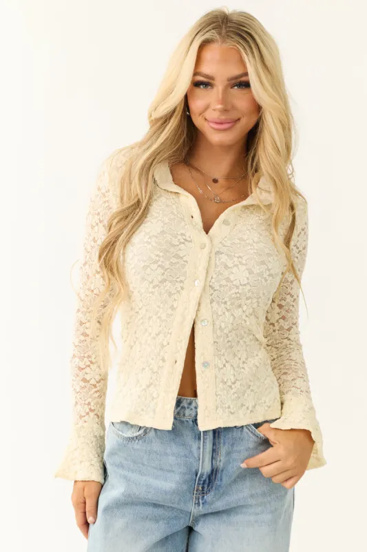 Cream Floral Lace Button Down Top sold by Lime Lush