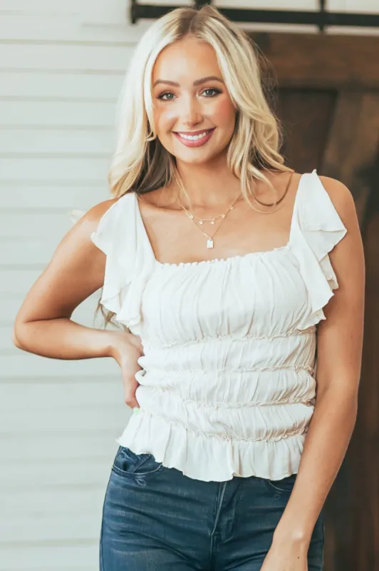 Nude Frill Ruched Flutter Sleeve Bodysuit sold by Lime Lush