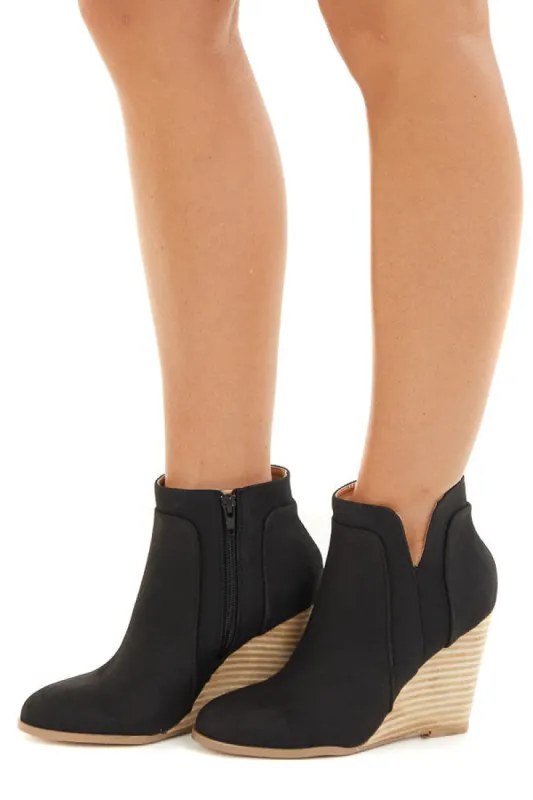 Black Faux Suede Stacked Wedge Bootie sold by Lime Lush