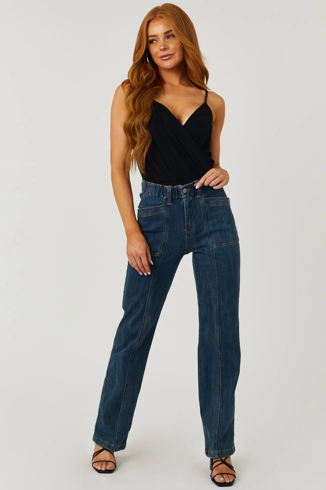 Judy Blue Medium Wash Elastic Waist Vintage Straight Jeans sold by Lime Lush