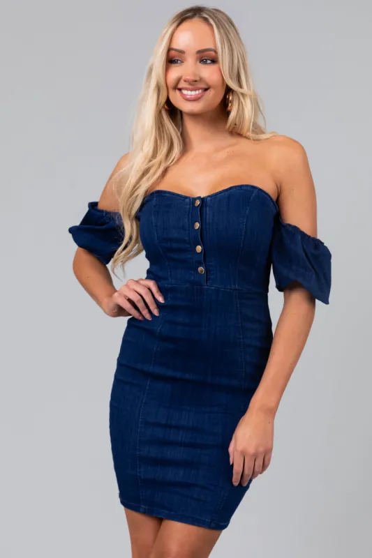 Dark Wash Off the Shoulder Bodycon Denim Dress sold by Lime Lush