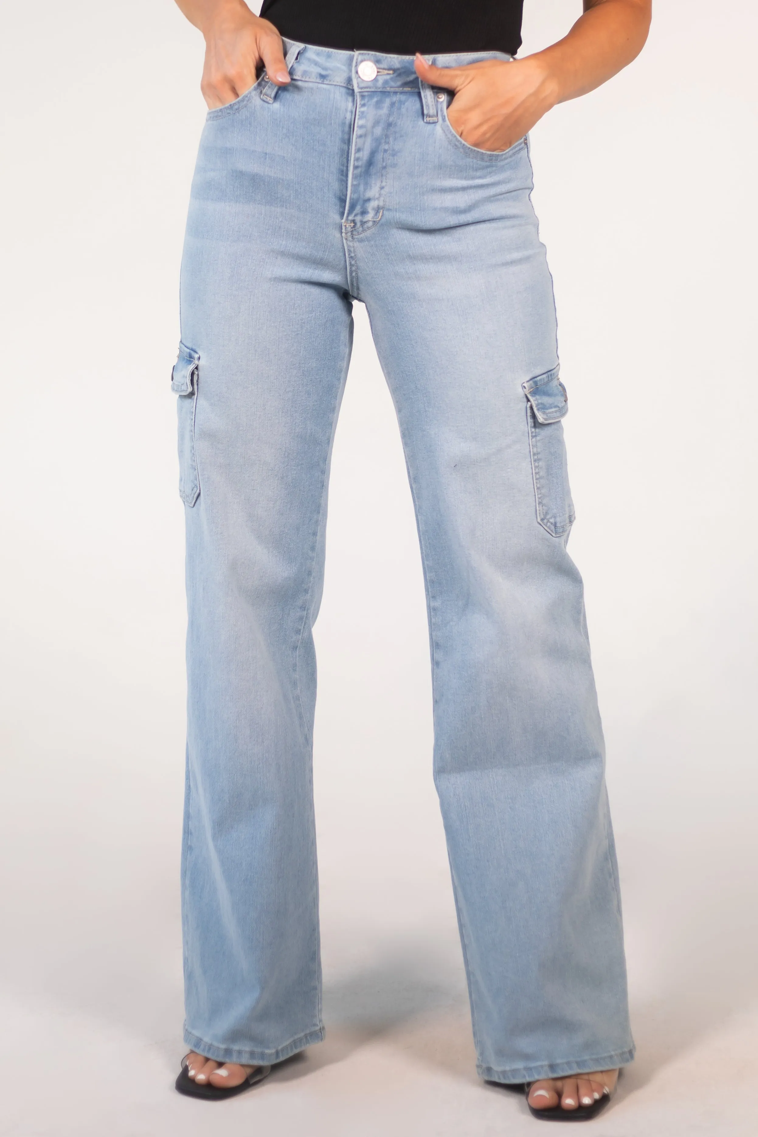 YMI Light Wash High Rise Wide Leg Cargo Jeans sold by Lime Lush product image thumbnail 2