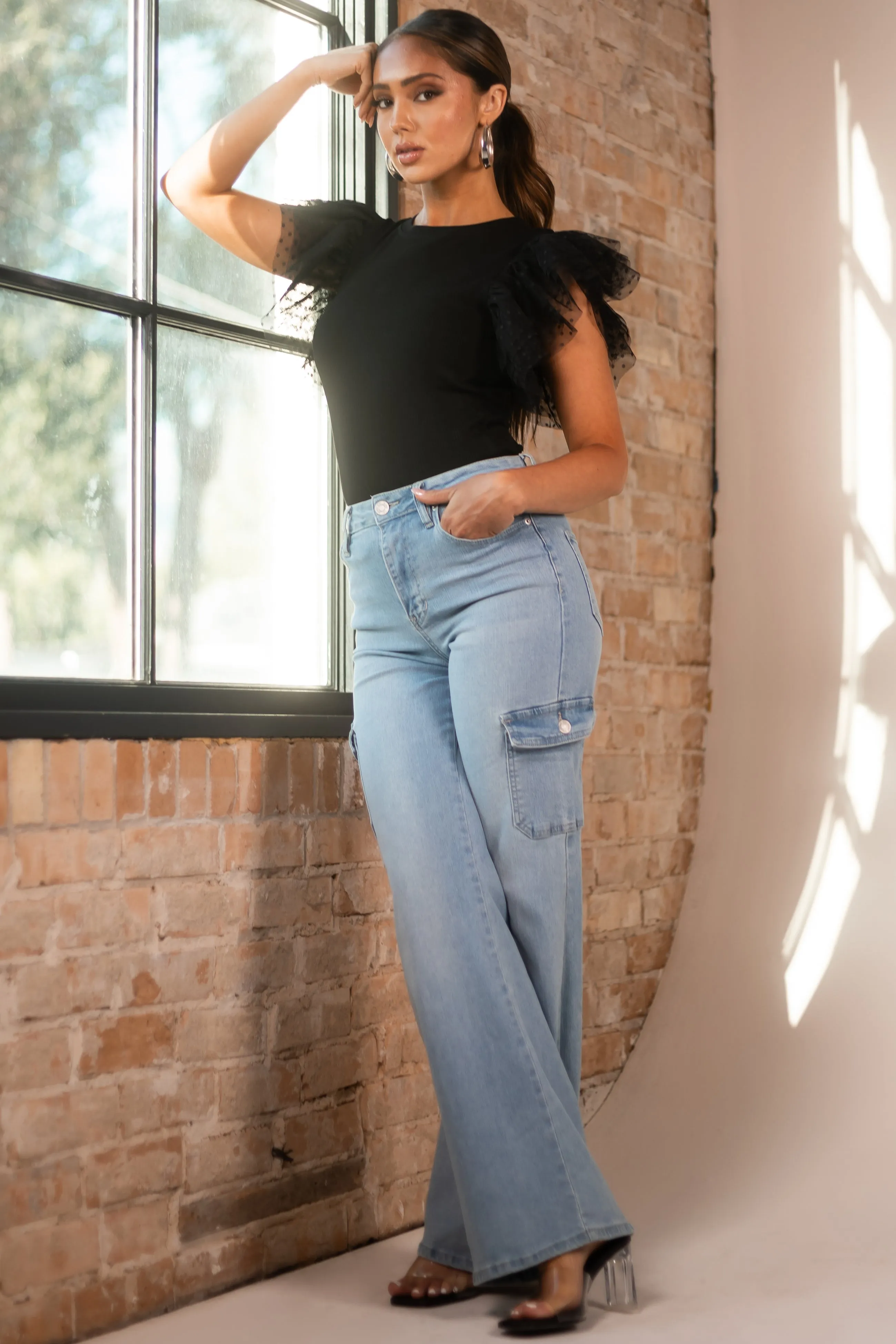 YMI Light Wash High Rise Wide Leg Cargo Jeans sold by Lime Lush product image thumbnail 5