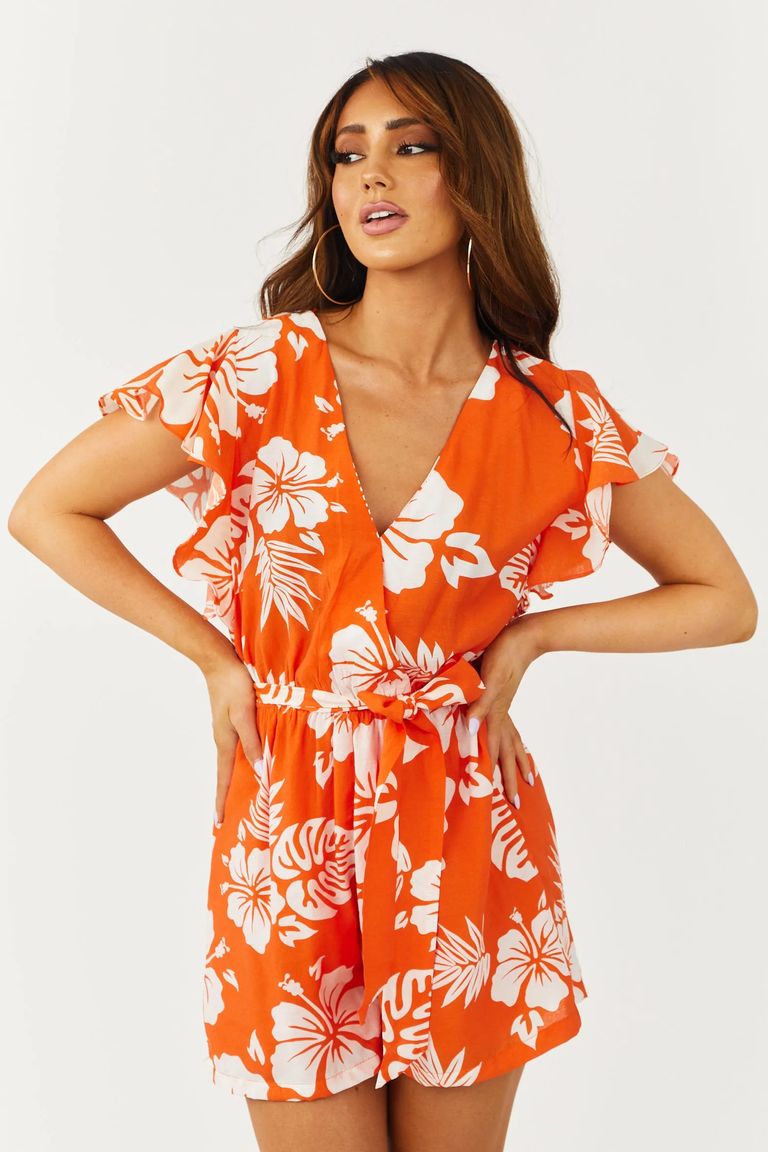 Tangerine Tropical Print Romper with Waist Tie sold by Lime Lush