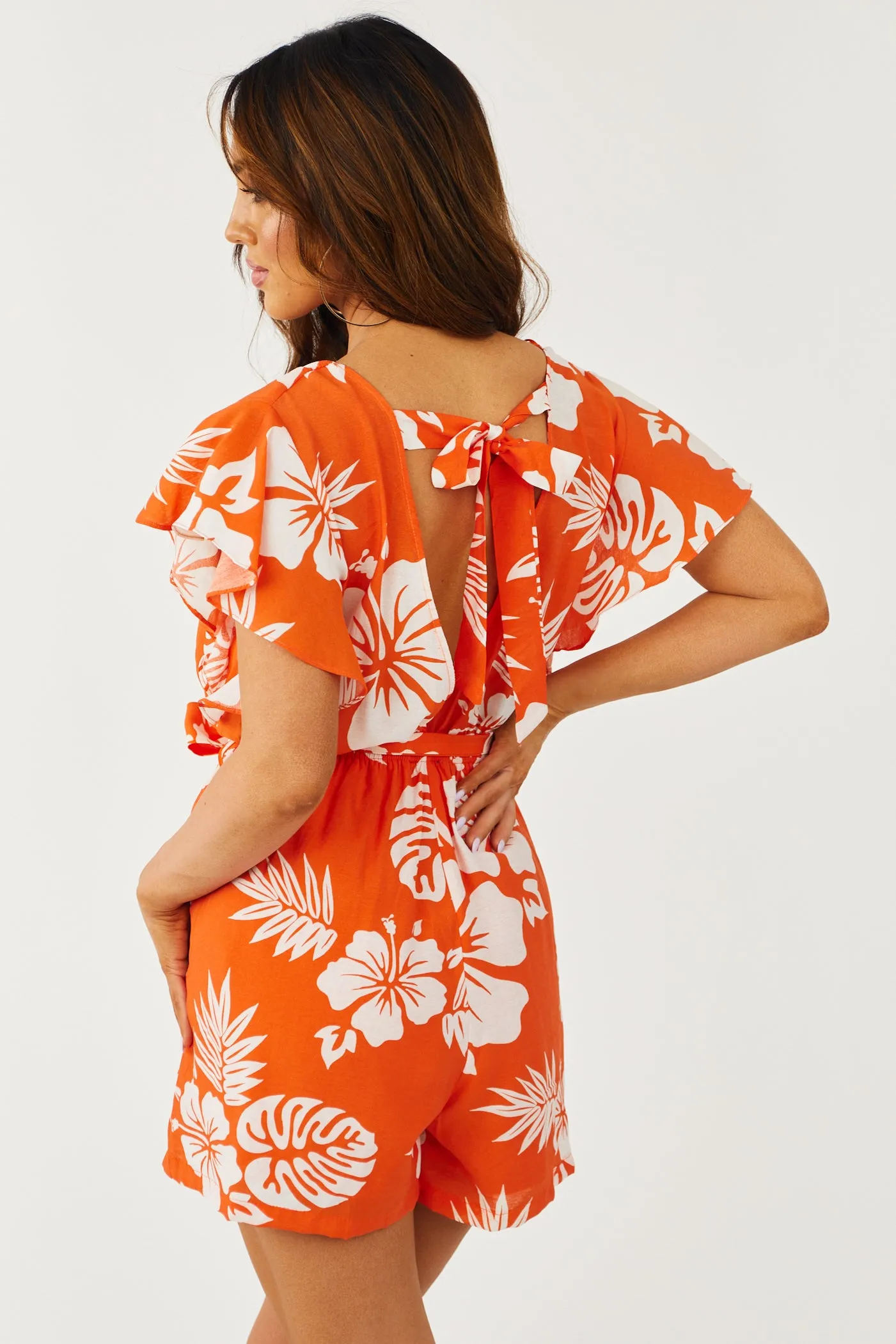 Tangerine Tropical Print Romper with Waist Tie sold by Lime Lush product image thumbnail 4