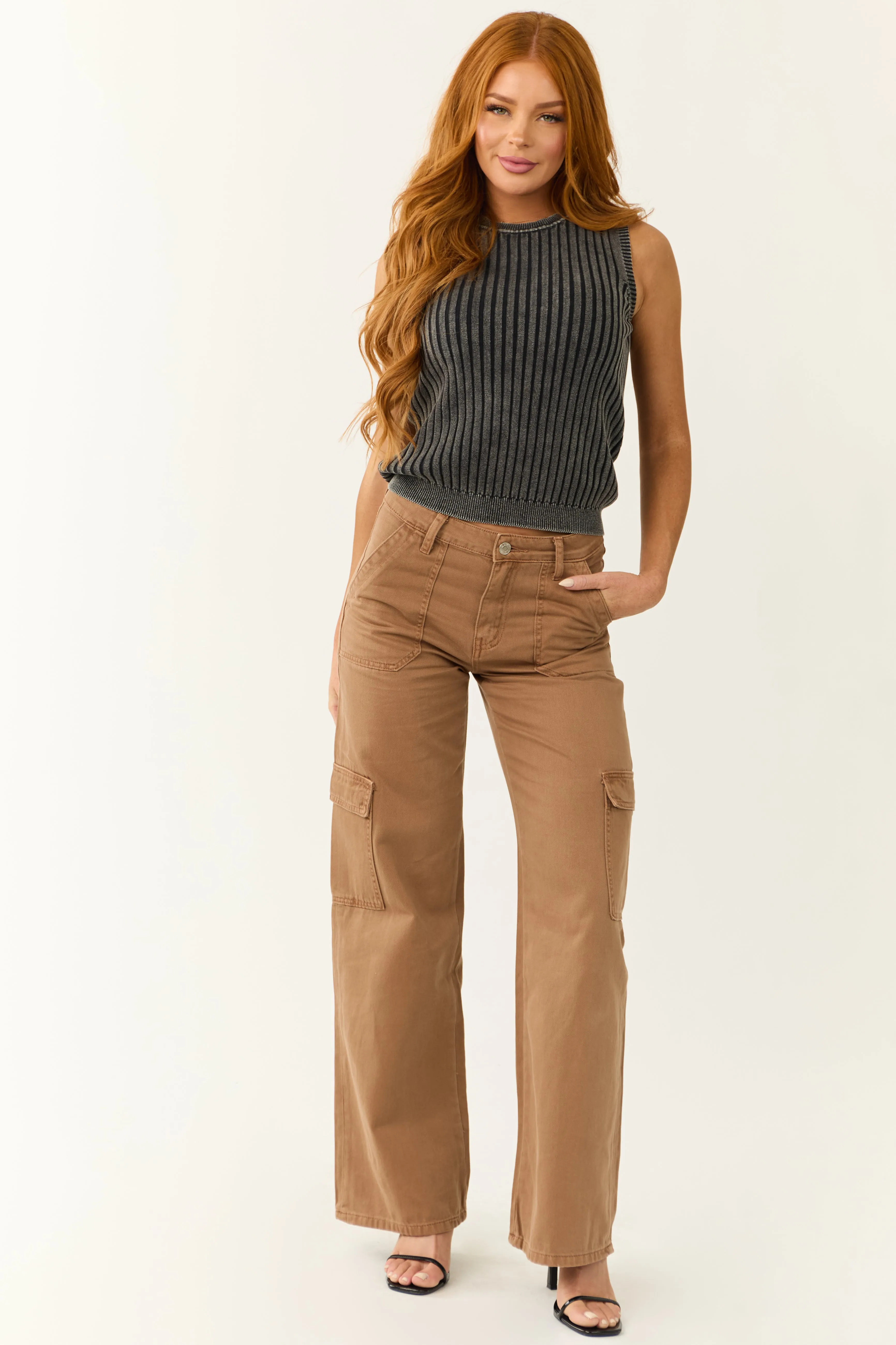 Vervet Coffee High Rise Wide Leg Cargo Jeans sold by Lime Lush product image thumbnail 5
