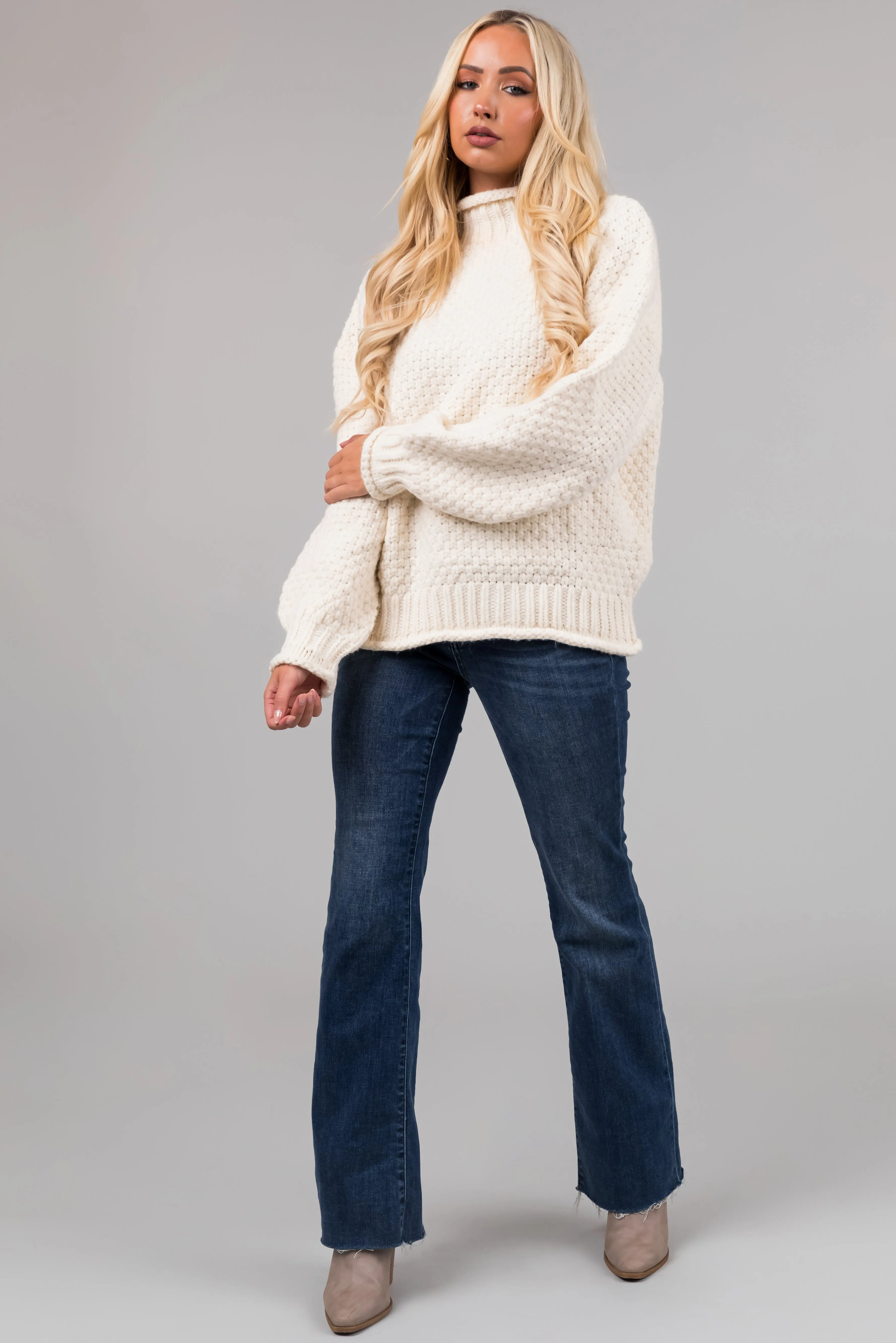 Cream Chunky Knit Mock Neck Cozy Sweater sold by Lime Lush product image thumbnail 5