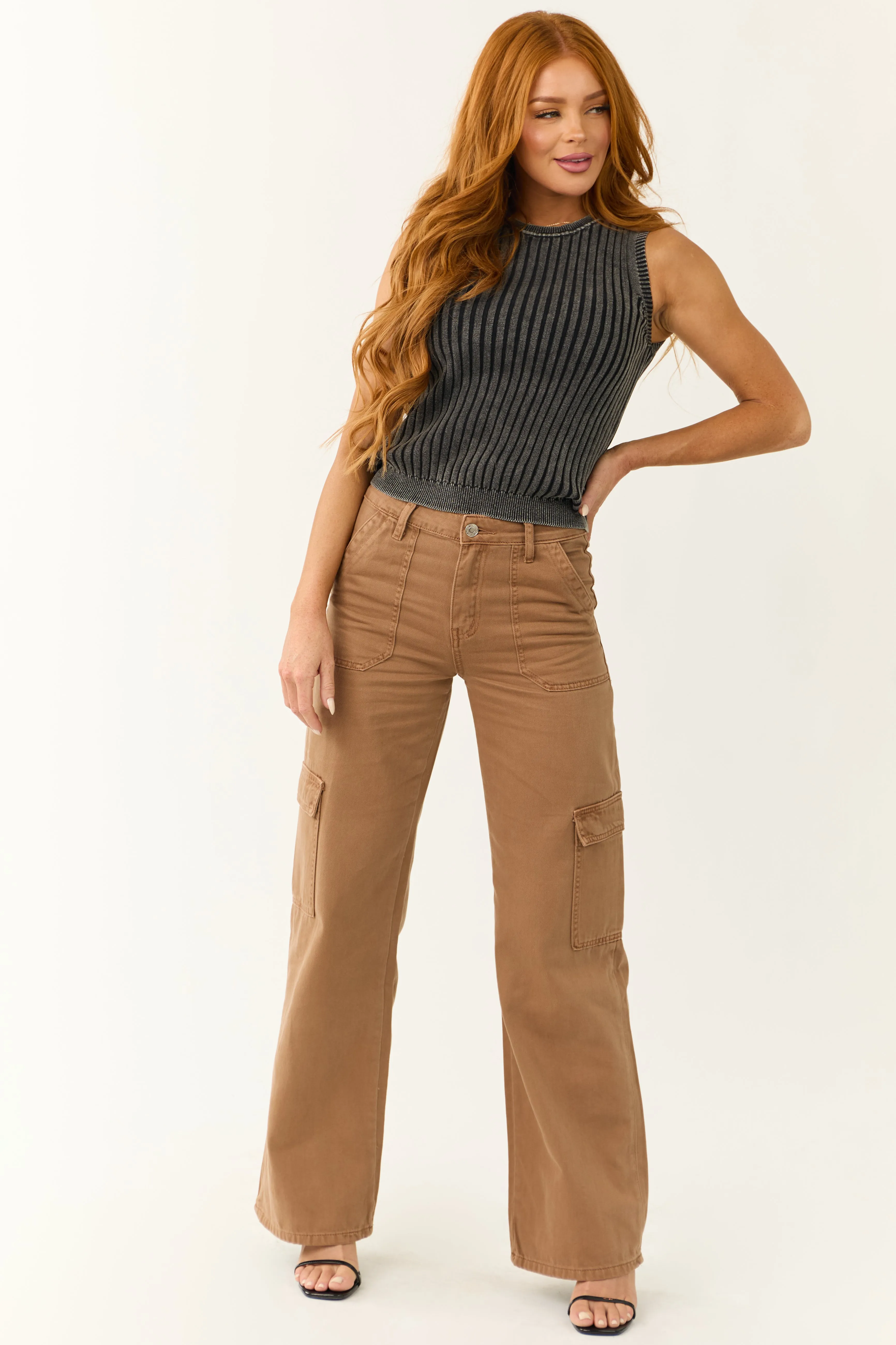 Vervet Coffee High Rise Wide Leg Cargo Jeans sold by Lime Lush product image thumbnail 2