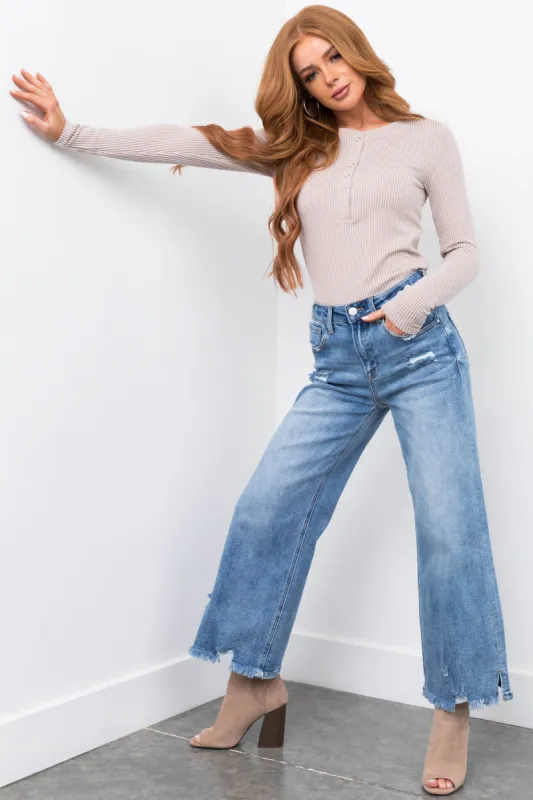 Risen Ankle Wide Leg Jeans with Side Slit sold by Lime Lush