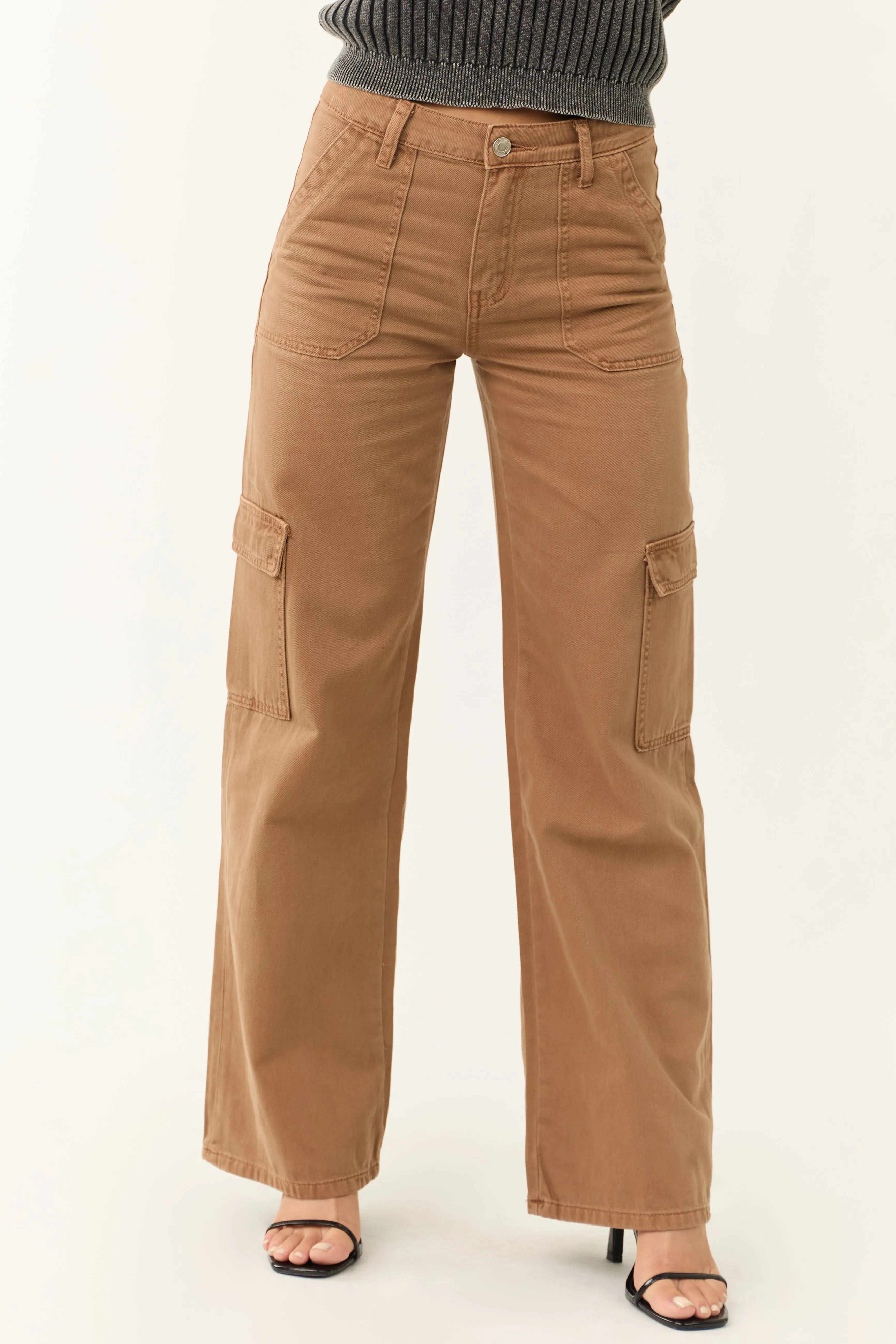 Vervet Coffee High Rise Wide Leg Cargo Jeans sold by Lime Lush