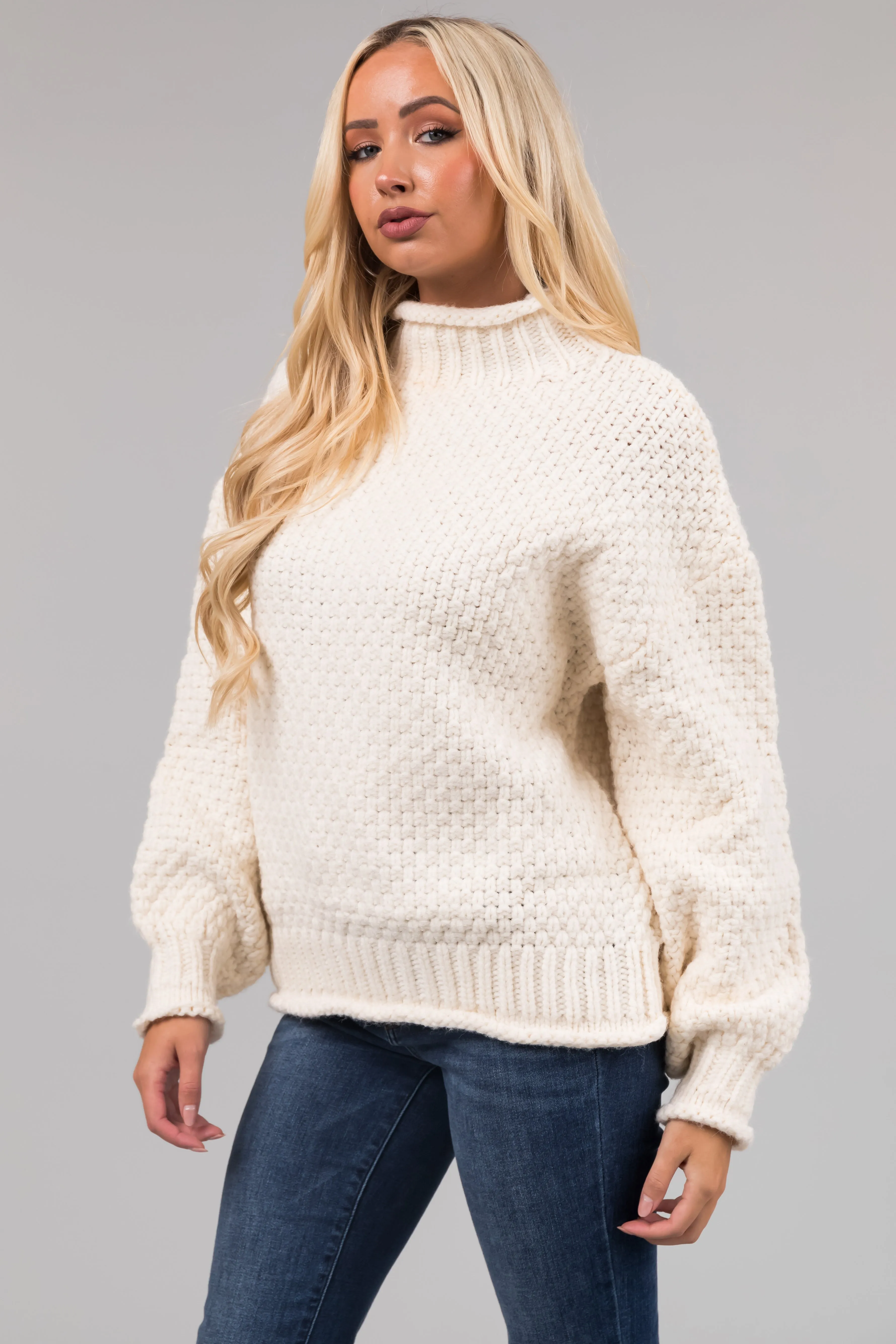 Cream Chunky Knit Mock Neck Cozy Sweater sold by Lime Lush product image thumbnail 3
