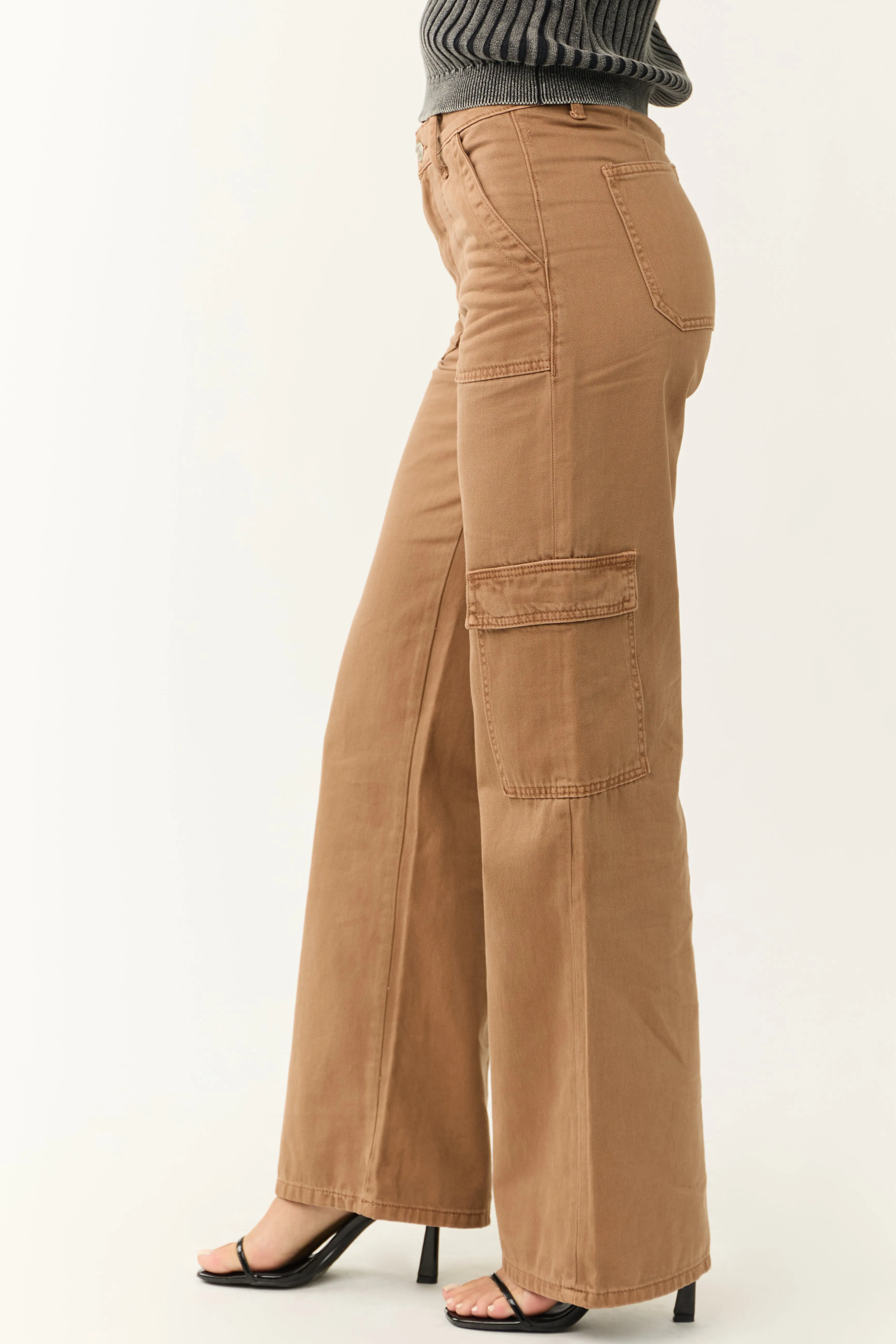 Vervet Coffee High Rise Wide Leg Cargo Jeans sold by Lime Lush product image thumbnail 3
