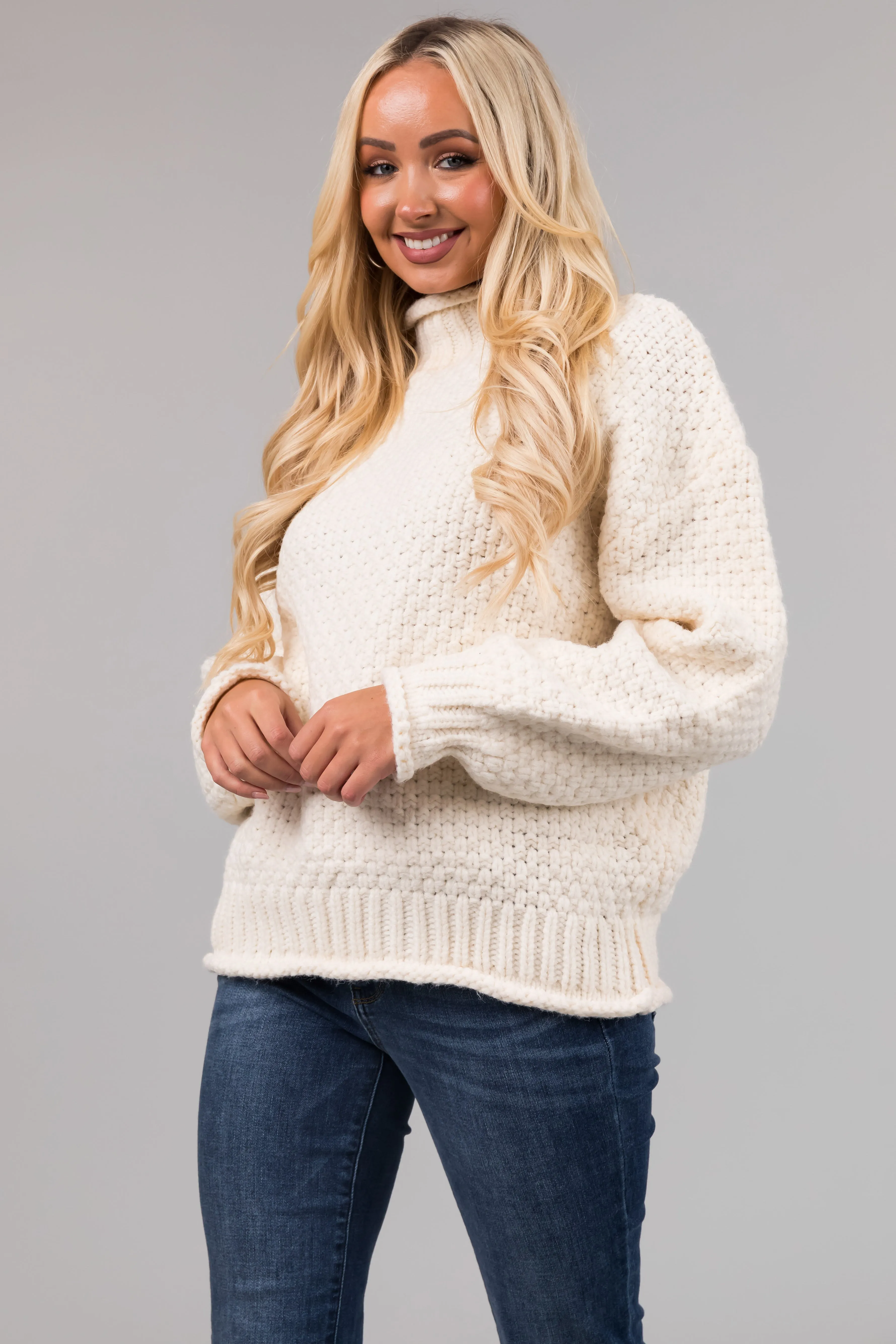 Cream Chunky Knit Mock Neck Cozy Sweater sold by Lime Lush product image thumbnail 2
