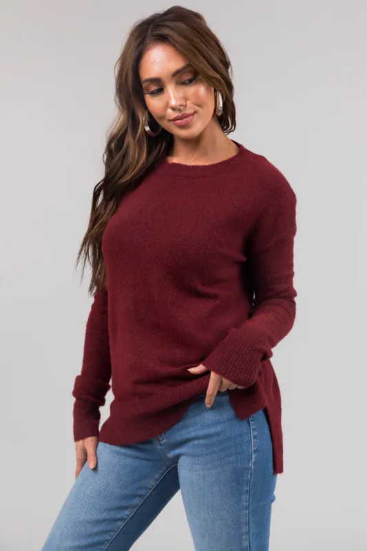 Maroon Two Tone Crew Neck Relaxed Sweater sold by Lime Lush
