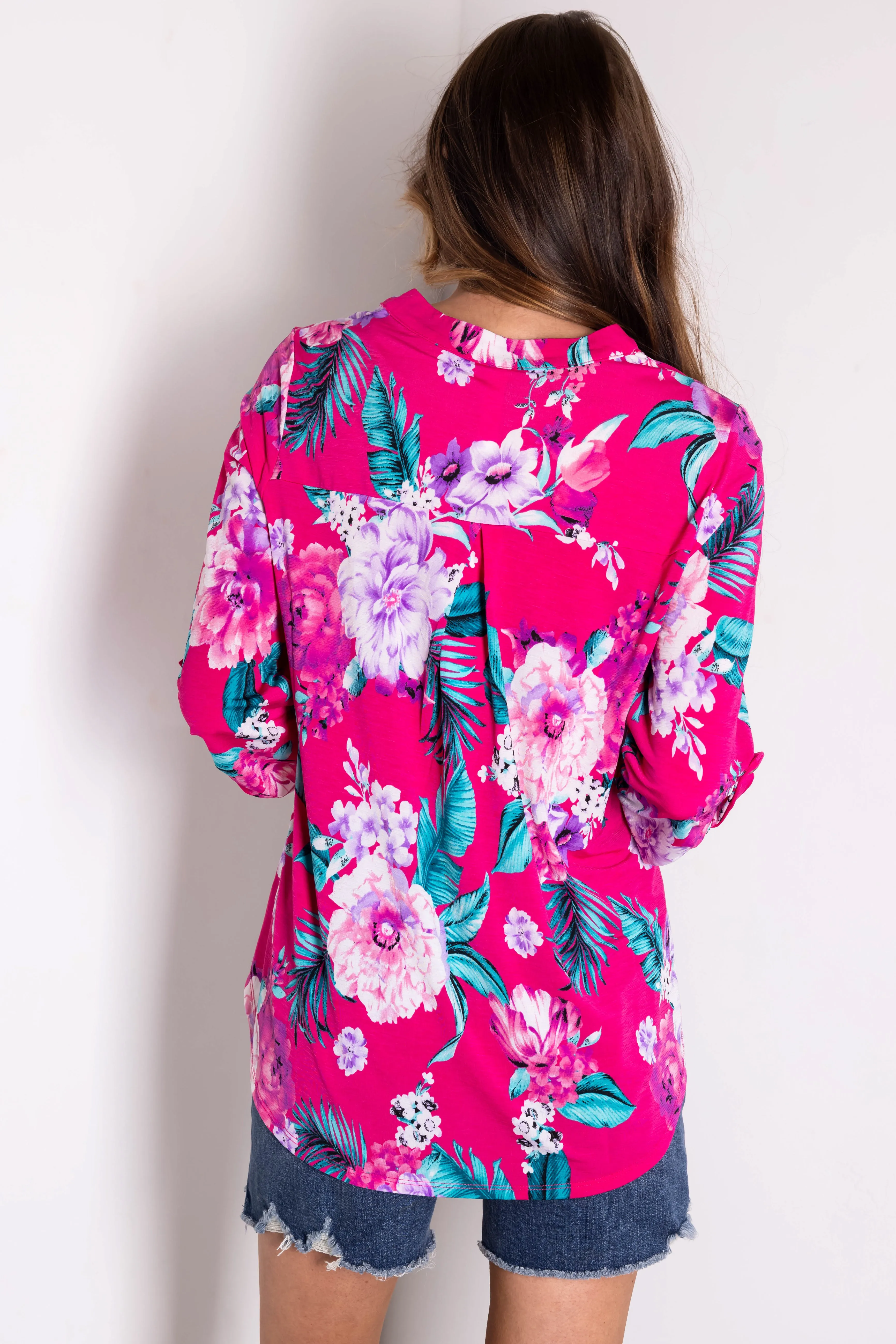 Magenta Floral Print 3/4 Sleeve V Neck Top sold by Lime Lush product image thumbnail 5