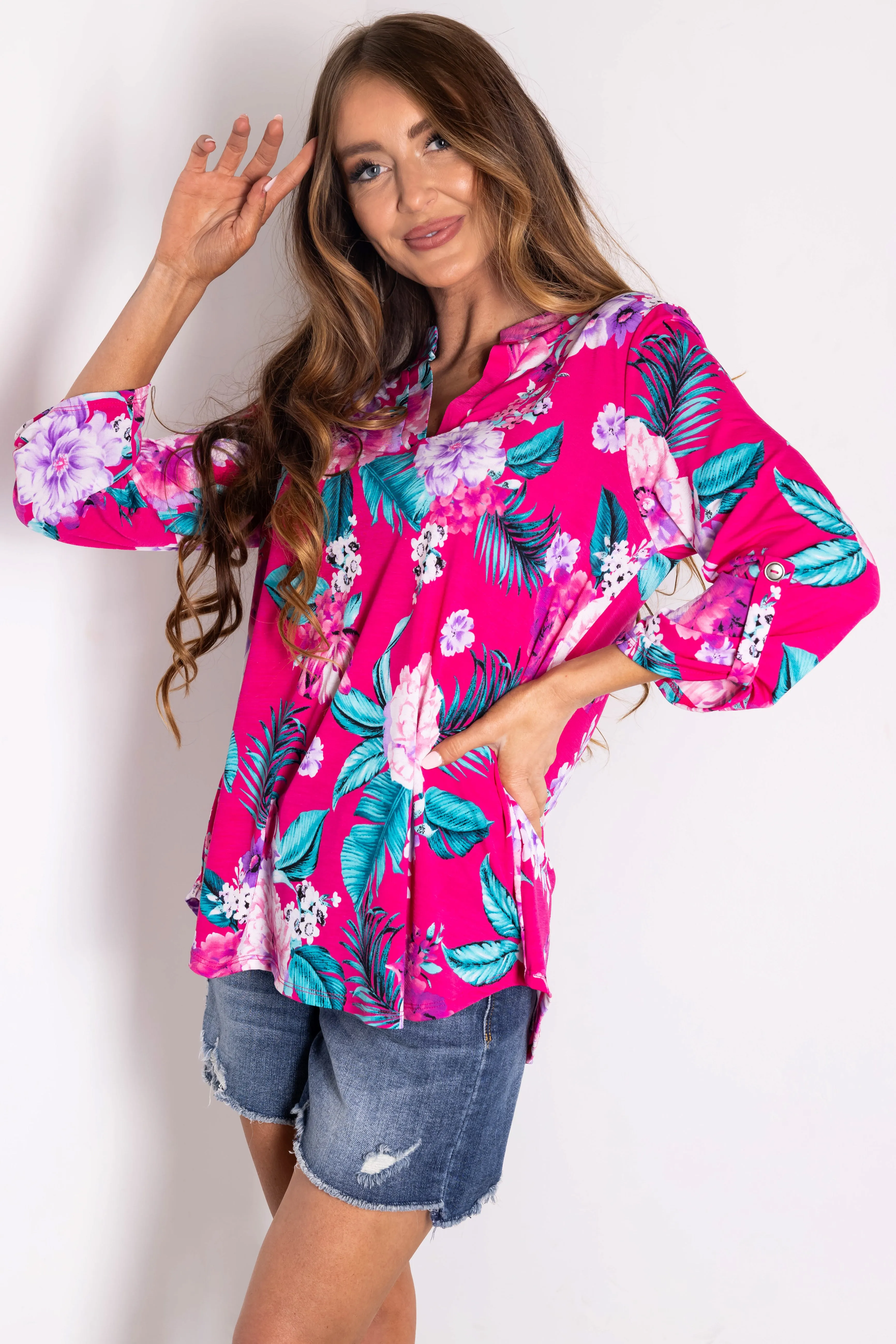 Magenta Floral Print 3/4 Sleeve V Neck Top sold by Lime Lush