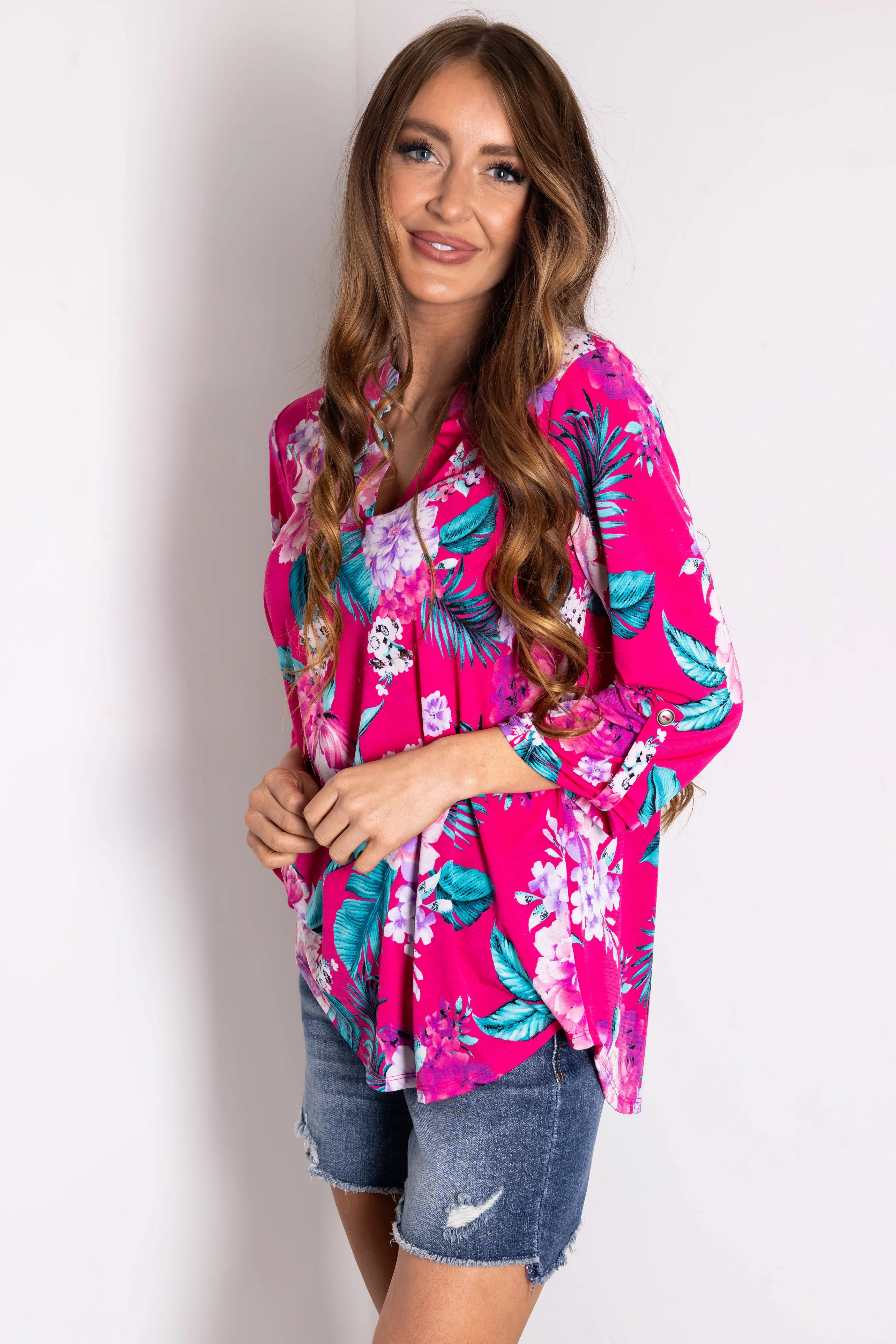 Magenta Floral Print 3/4 Sleeve V Neck Top sold by Lime Lush product image thumbnail 4