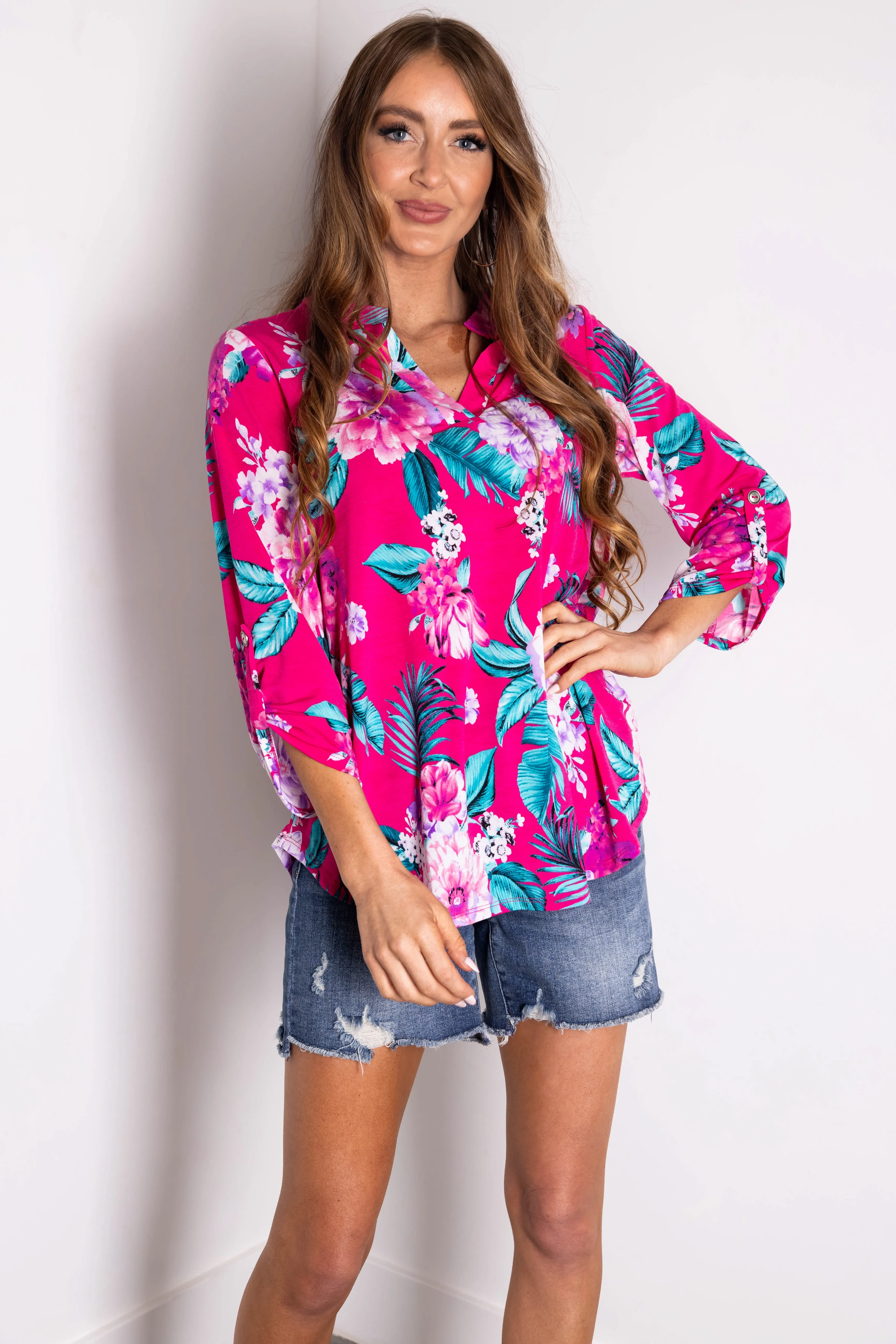 Magenta Floral Print 3/4 Sleeve V Neck Top sold by Lime Lush product image thumbnail 2