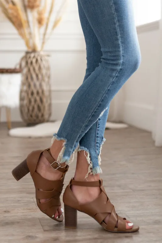 Cognac Faux Leather Strappy Heeled Sandals sold by Lime Lush