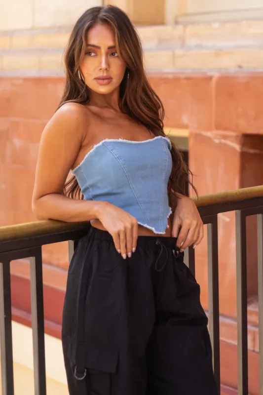 Medium Wash Strapless Denim Crop Top sold by Lime Lush