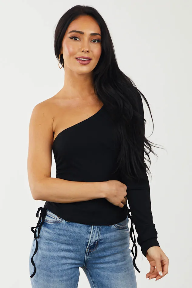 Black One Shoulder Knit Top with Ruched Sides sold by Lime Lush
