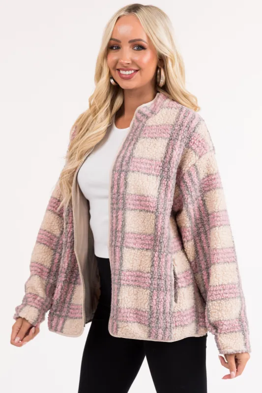 Champagne Plaid Sherpa Zip Up Jacket sold by Lime Lush