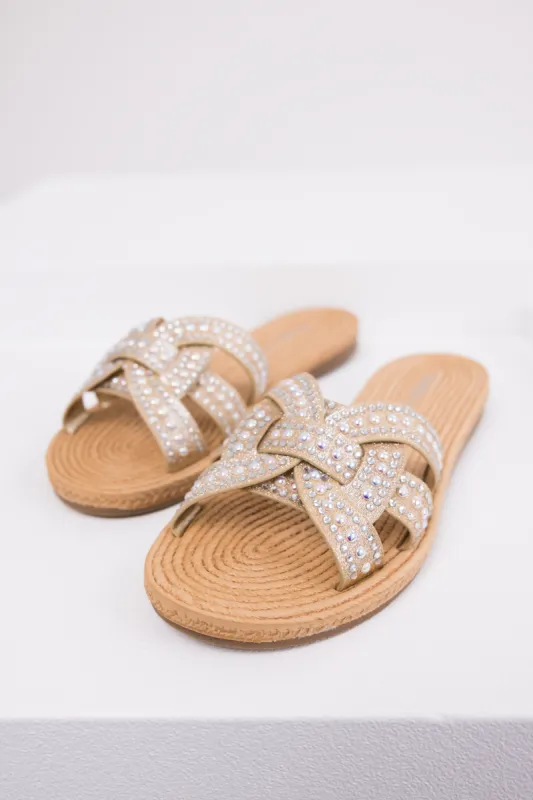 Gold Rhinestone Twisted Strap Sandals sold by Lime Lush