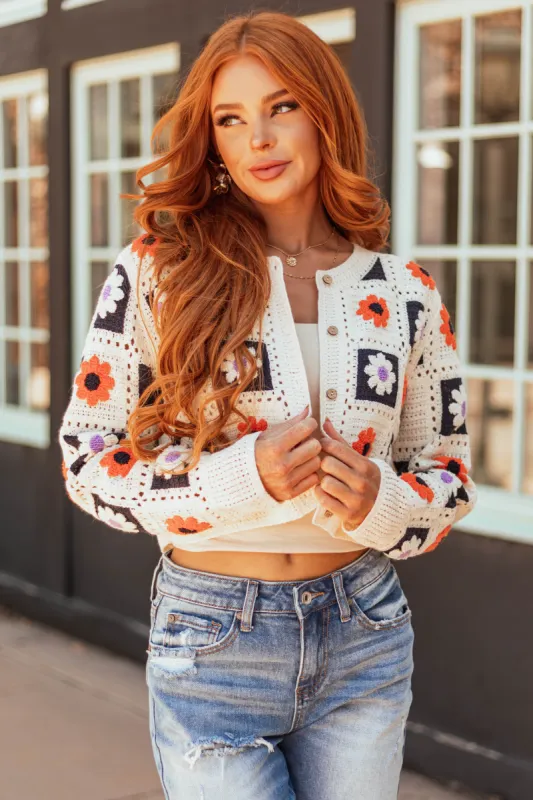 Cream Open Crochet Granny Square Floral Cardigan sold by Lime Lush