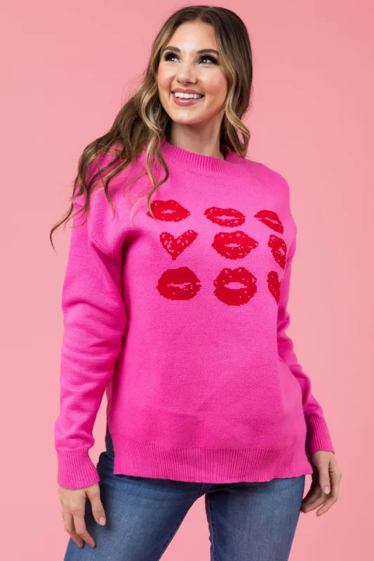 Magenta Heart and Lip Print Knit Sweater sold by Lime Lush