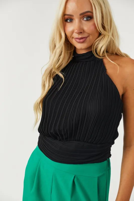 Black Sleeveless Collared Back Tie Pleated Top sold by Lime Lush
