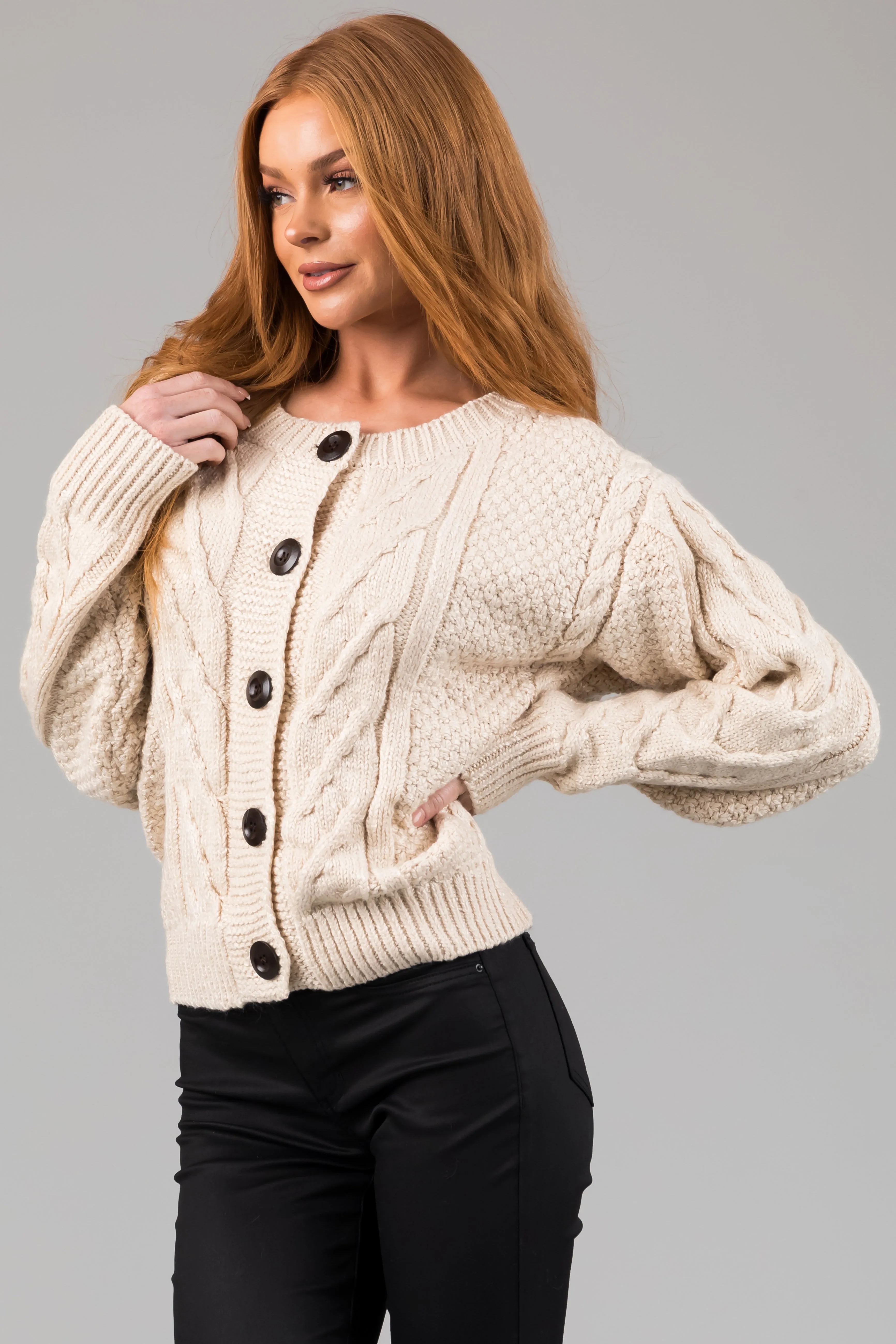 Cream Thick Cable Knit Button Cardigan sold by Lime Lush product image thumbnail 4