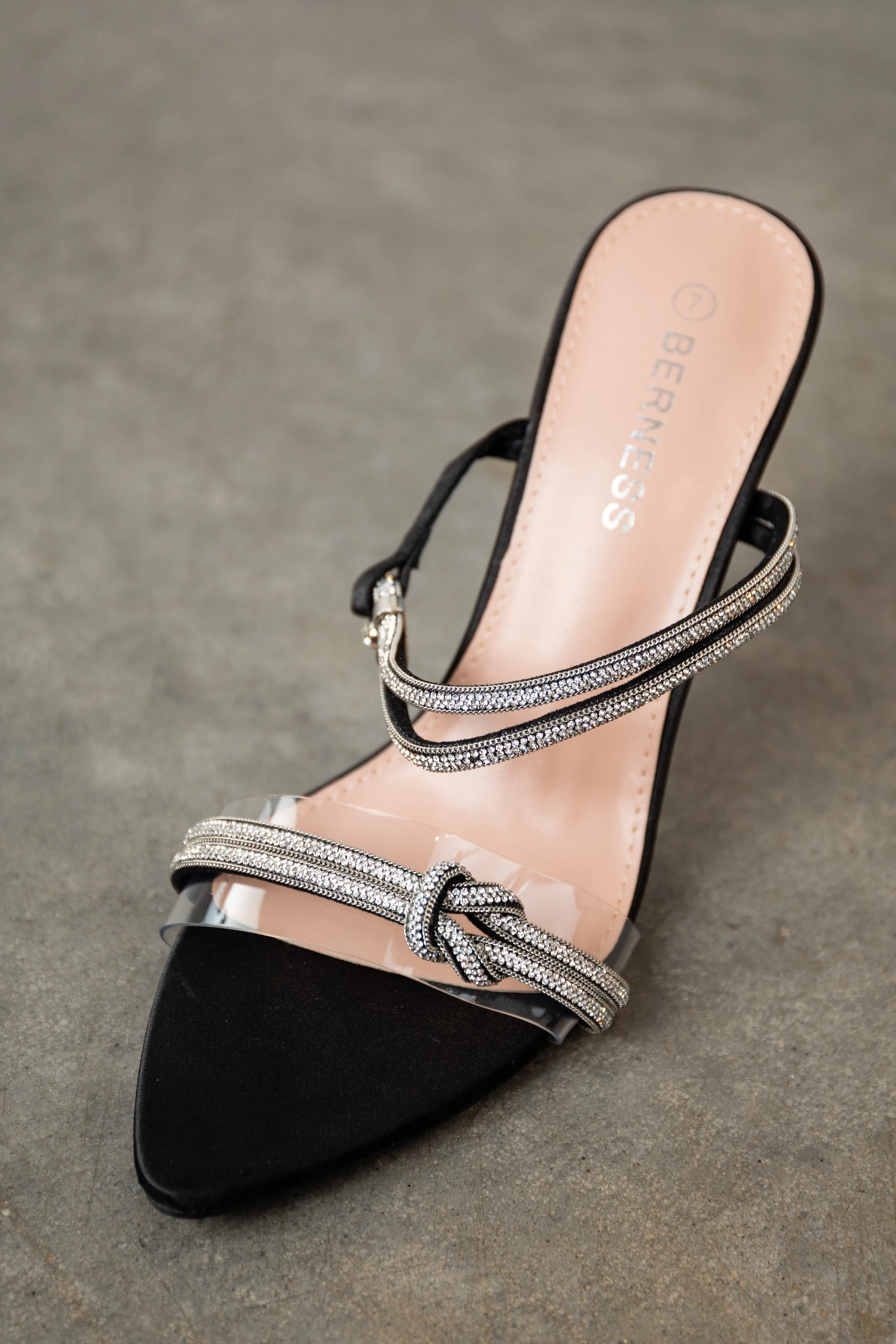 Black Satin Rhinestone Strap Pointed Heels sold by Lime Lush product image thumbnail 4