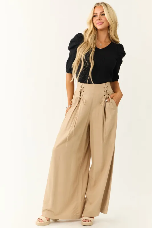 Beige Pleated Front Lace Up Wide Leg Palazzo Pants sold by Lime Lush