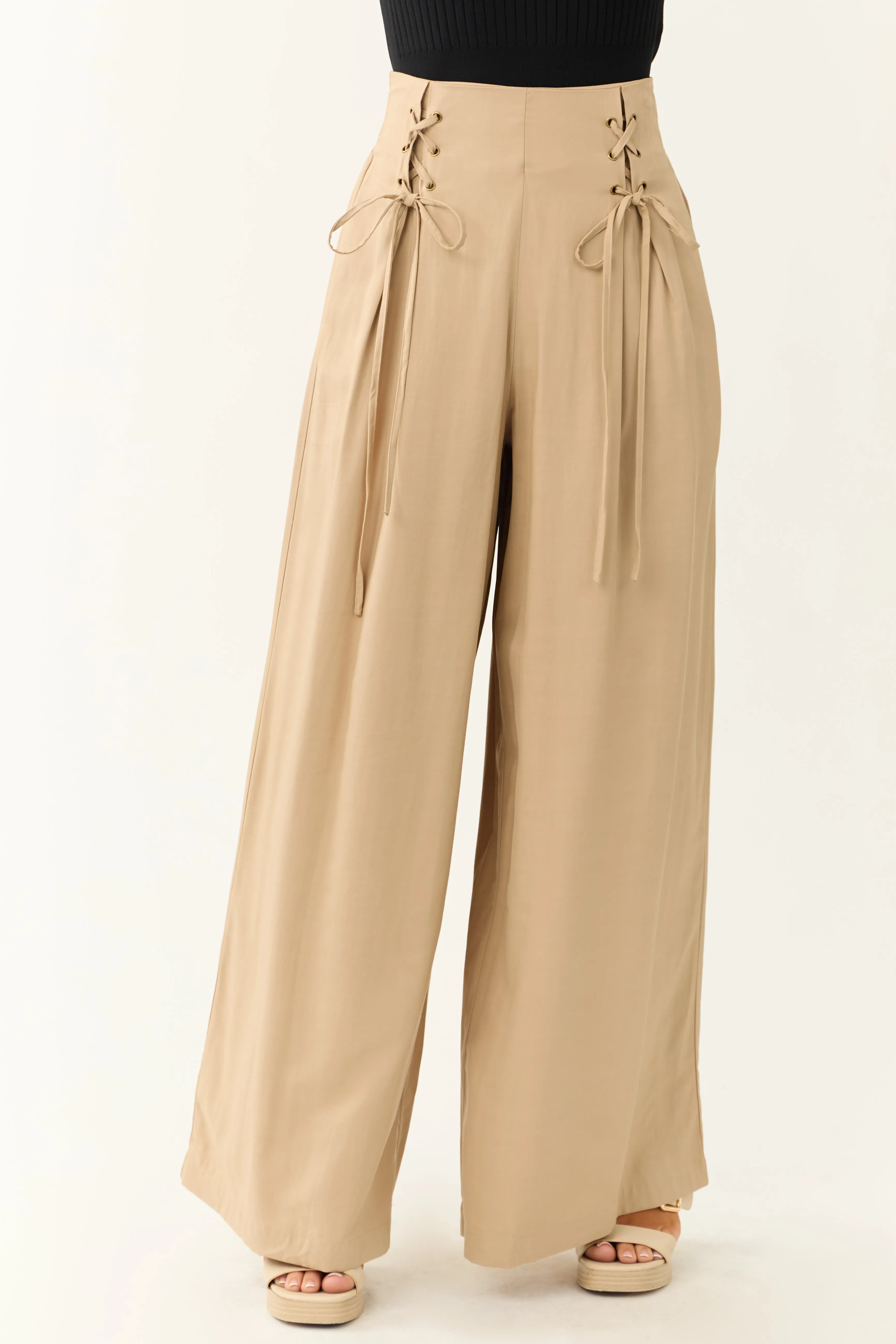 Beige Pleated Front Lace Up Wide Leg Palazzo Pants sold by Lime Lush product image thumbnail 2