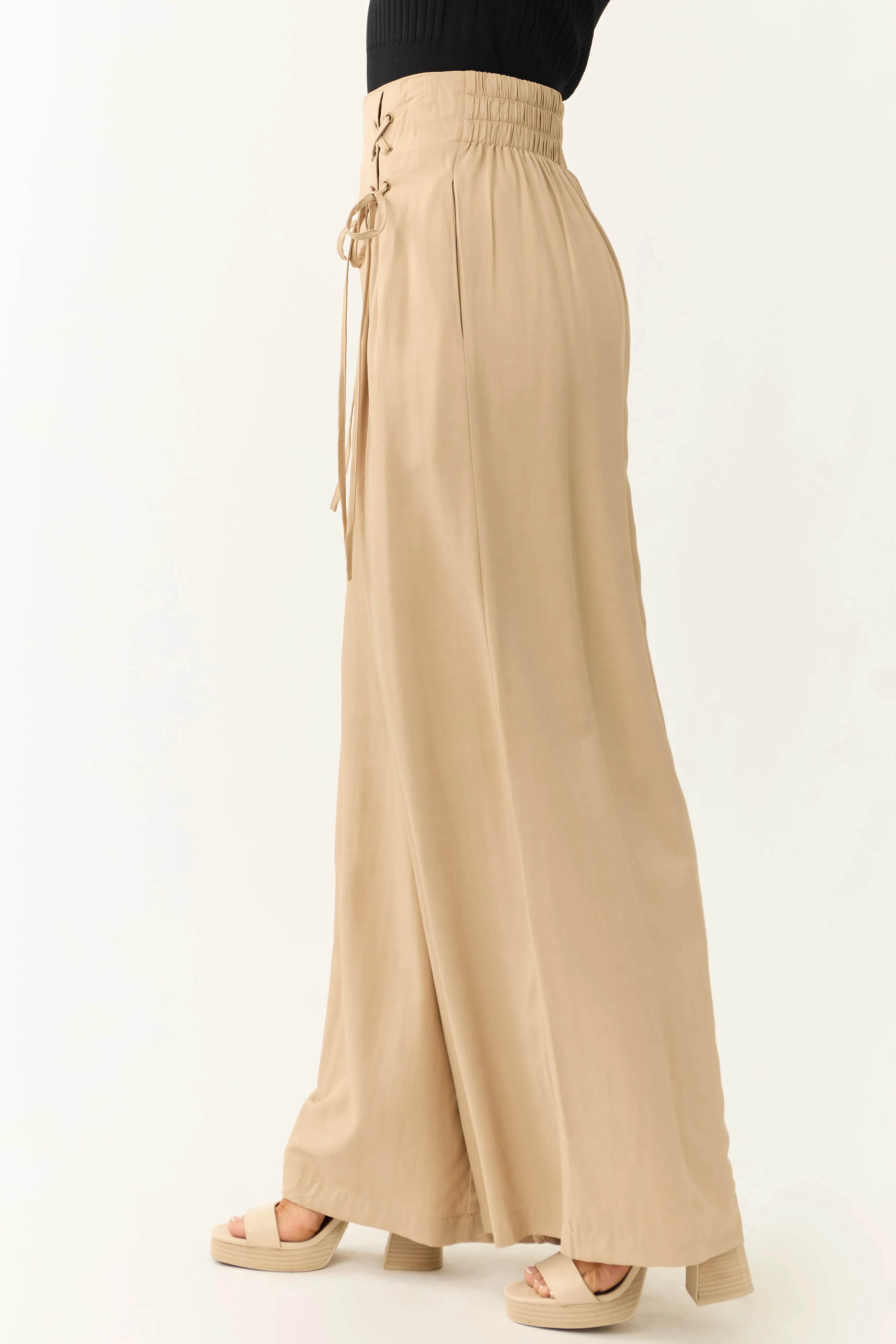 Beige Pleated Front Lace Up Wide Leg Palazzo Pants sold by Lime Lush product image thumbnail 3