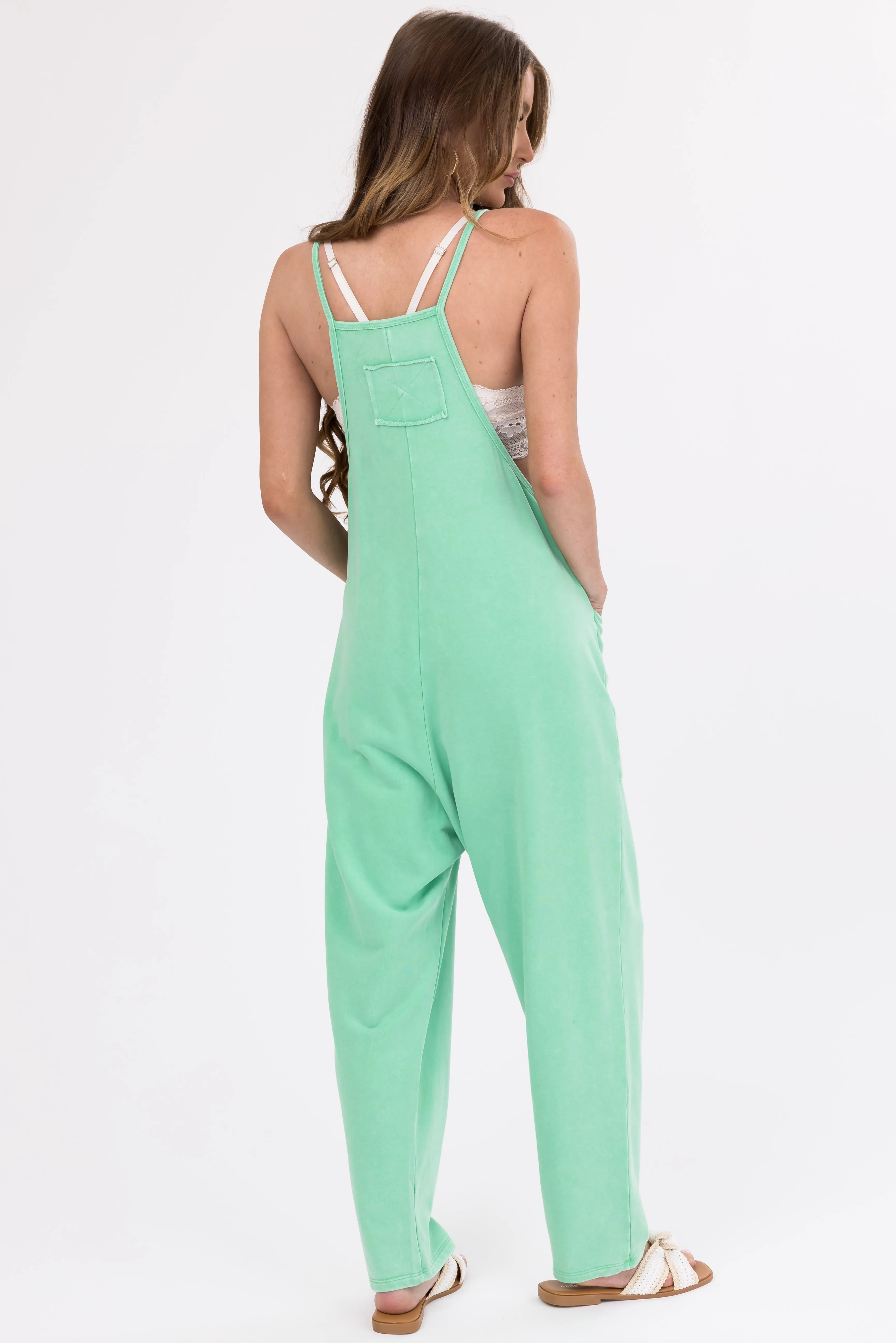 Kelly Green Washed Sleeveless Relaxed Fit Jumpsuit sold by Lime Lush product image thumbnail 4