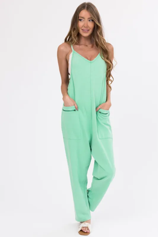 Kelly Green Washed Sleeveless Relaxed Fit Jumpsuit sold by Lime Lush