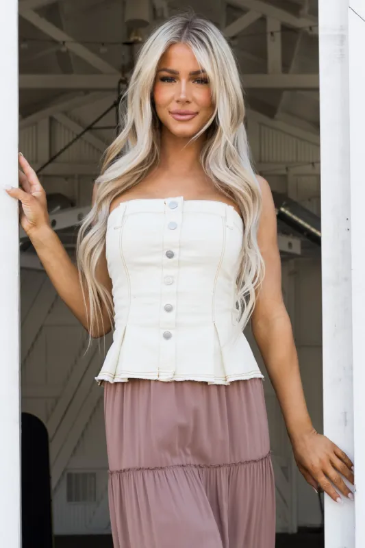 Cream Strapless Denim Button Corset Top sold by Lime Lush