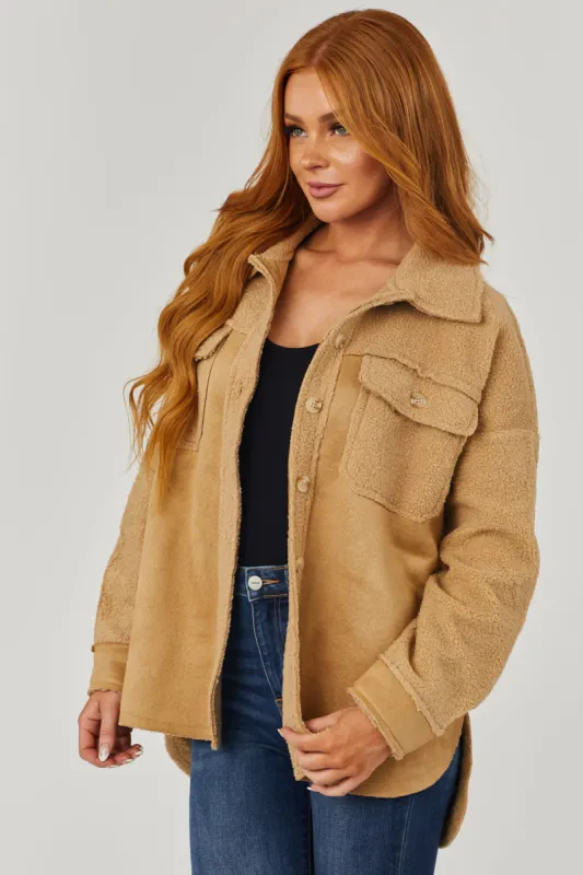 Beige Suede and Sherpa Button Down Shacket made by Lime Lush