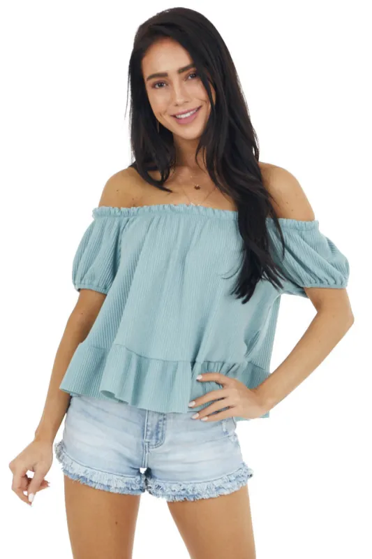 Sage Boat Neckline Ribbed Knit Crop Top with Ruffles sold by Lime Lush