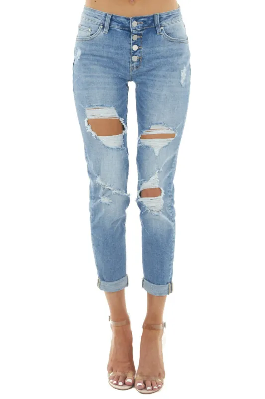 American Fit Medium Wash Mid Rise Relaxed Distressed Jeans sold by Lime Lush