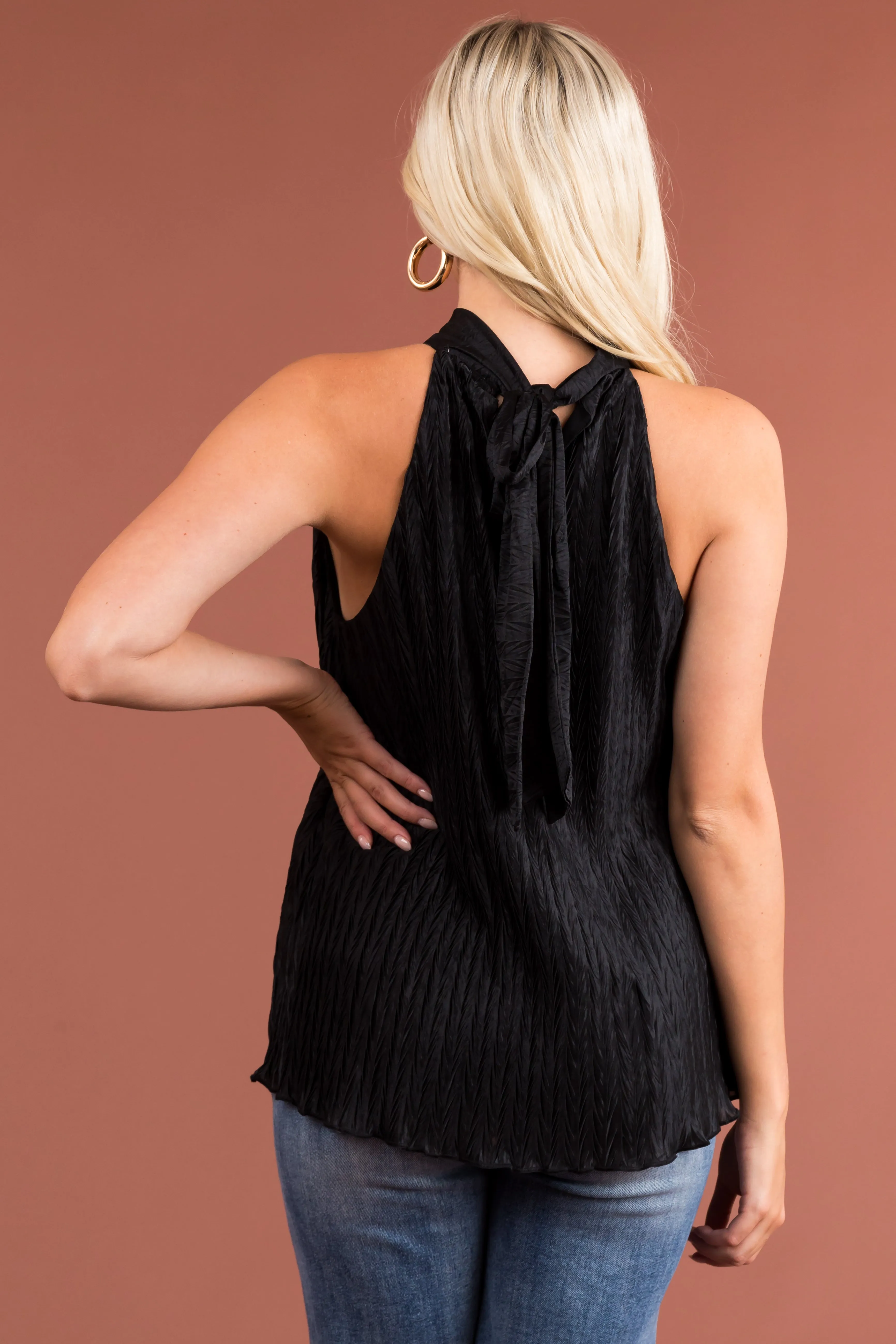 Black Textured Satin Halter Tank Top sold by Lime Lush product image thumbnail 5