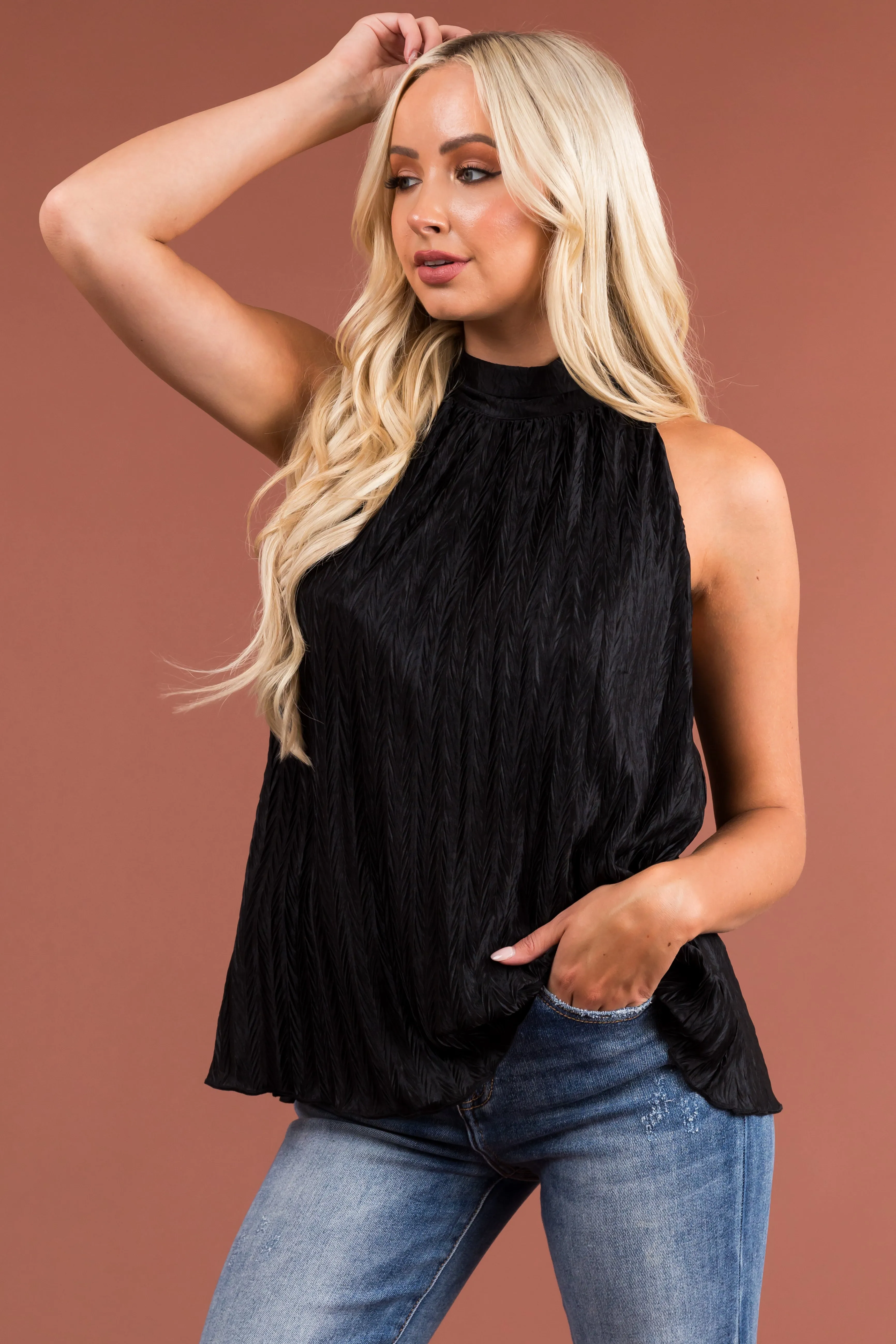 Black Textured Satin Halter Tank Top sold by Lime Lush
