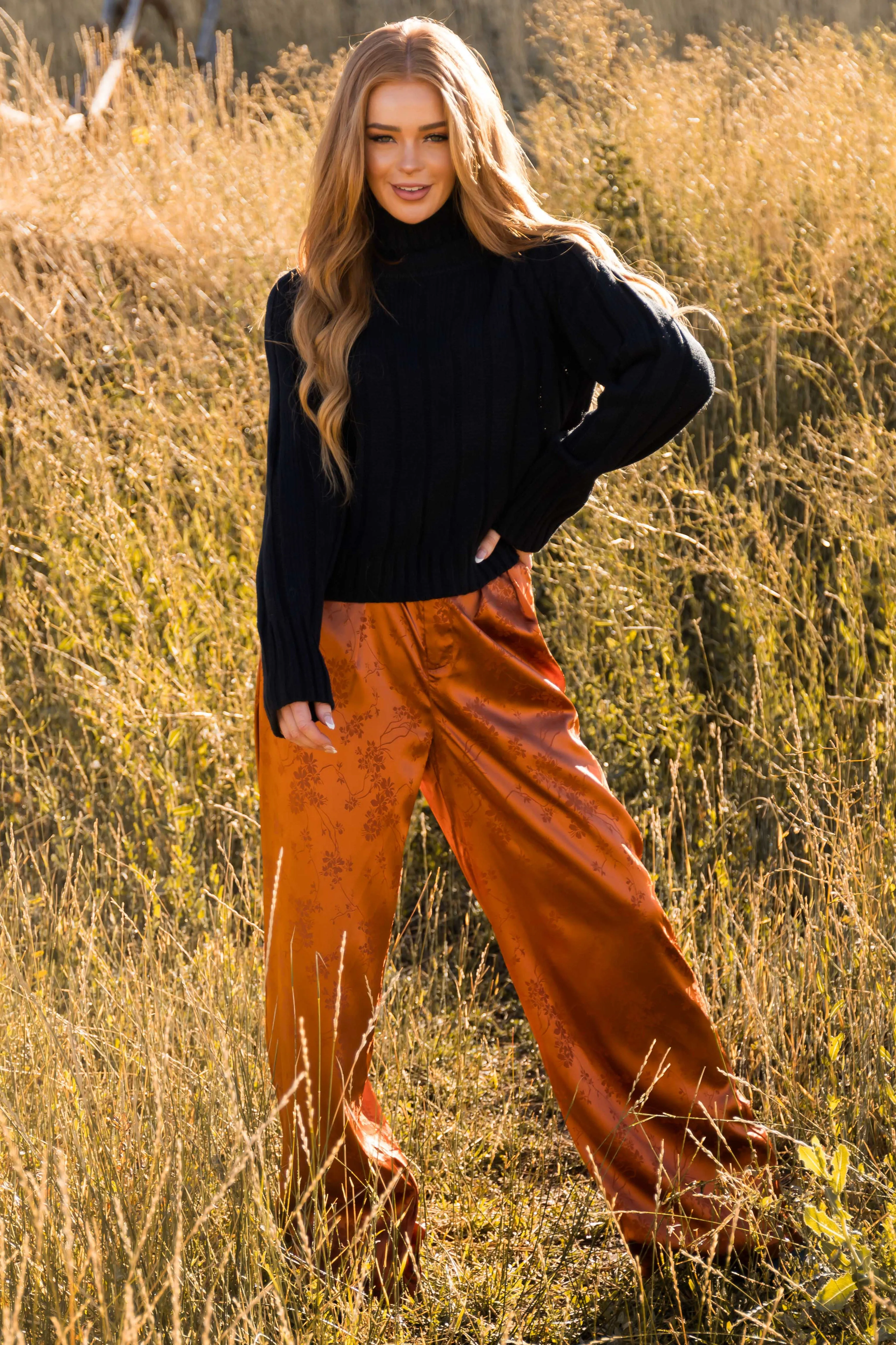 Pumpkin Spice Floral Jacquard Satin Wide Pants sold by Lime Lush product image thumbnail 5