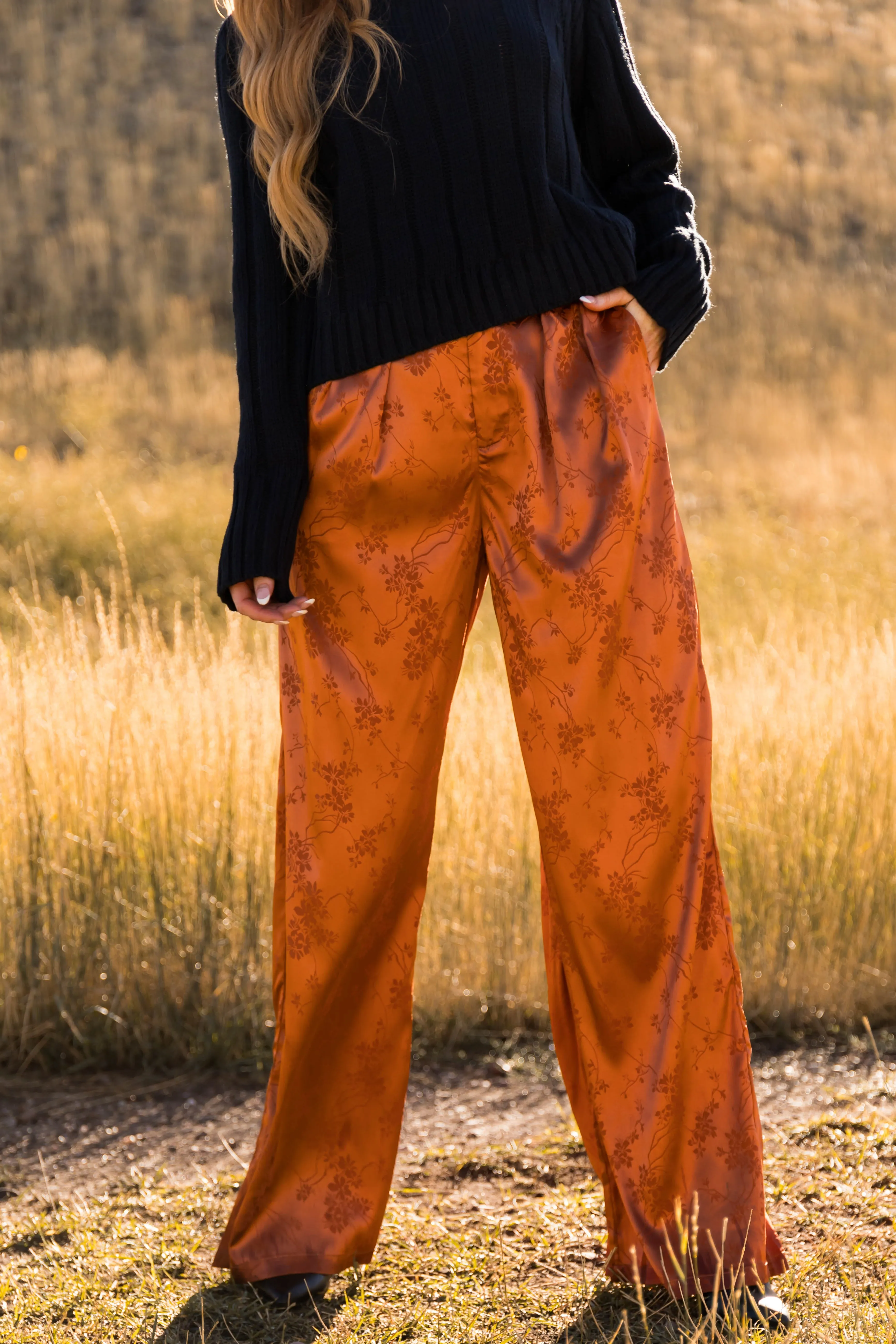 Pumpkin Spice Floral Jacquard Satin Wide Pants sold by Lime Lush product image thumbnail 2