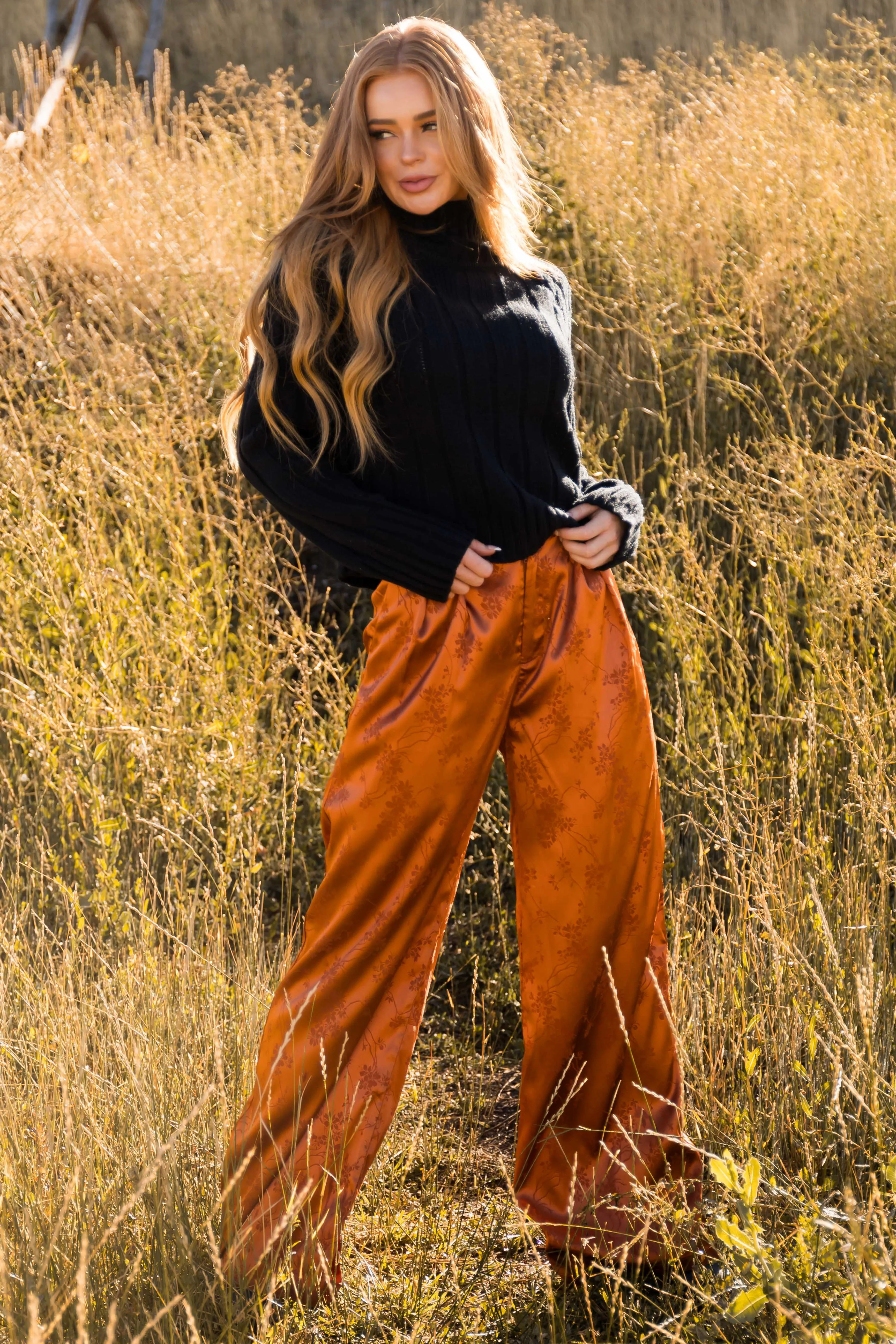 Pumpkin Spice Floral Jacquard Satin Wide Pants sold by Lime Lush